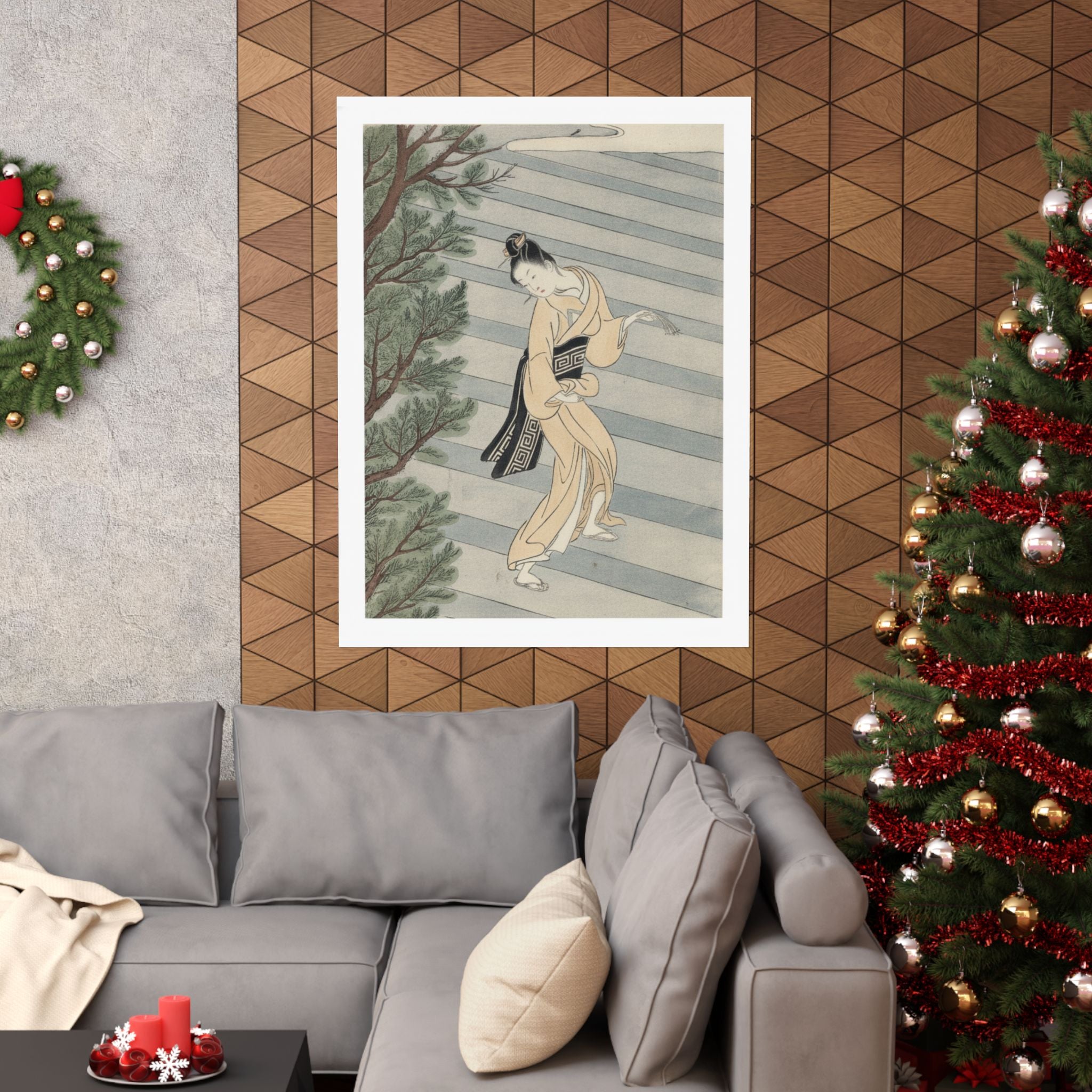 Watercolor — Young Woman Climbing Stone Stairs To A Shinto Temple — Matte Poster
