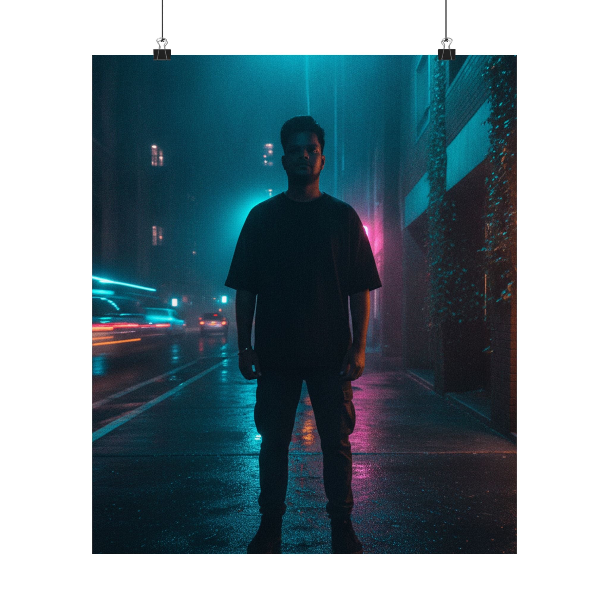 Rainy Neon City Street Silhouette Teal Pink Matte Poster