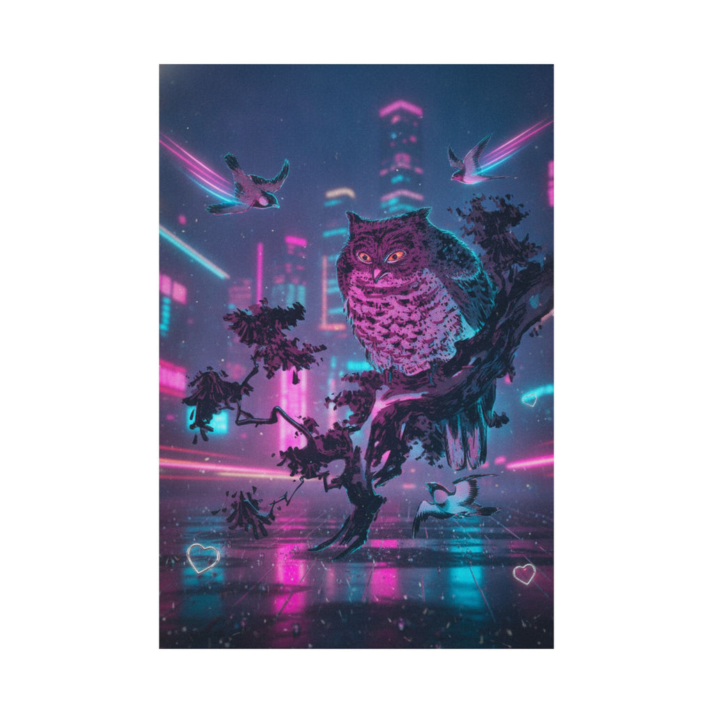 Neon Noir — Owl And Two Swallows — Matte Poster