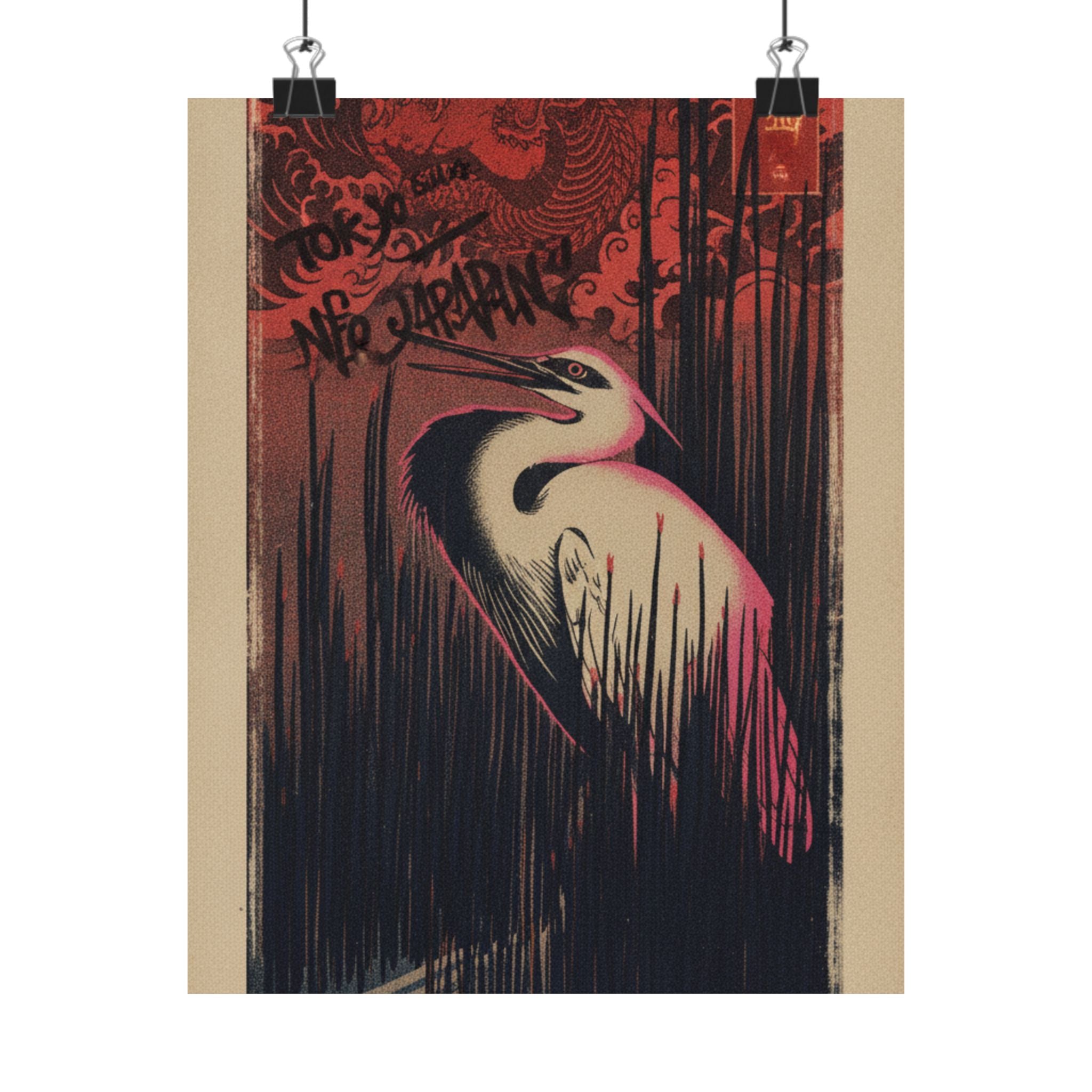 Japanese Street — White Heron Standing Among Reeds — Matte Poster