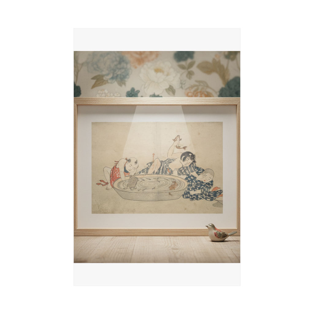 Product Marketing — Boys Playing With A Basin Of Fish And Turtles — Matte Poster