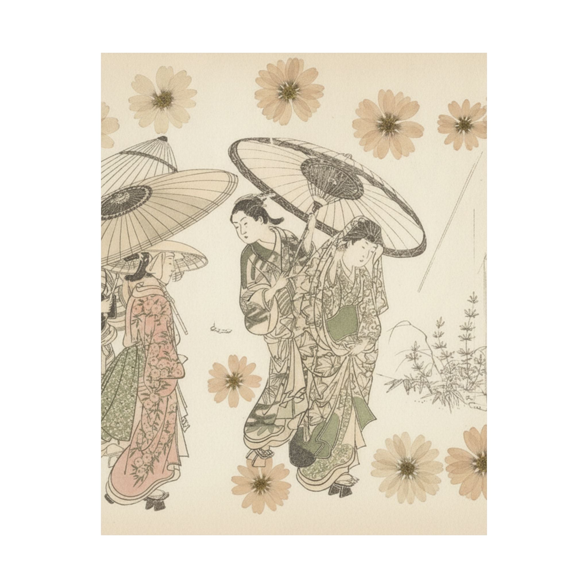 Botanical — A Lady With Three Attendants In The Rain — Matte Poster