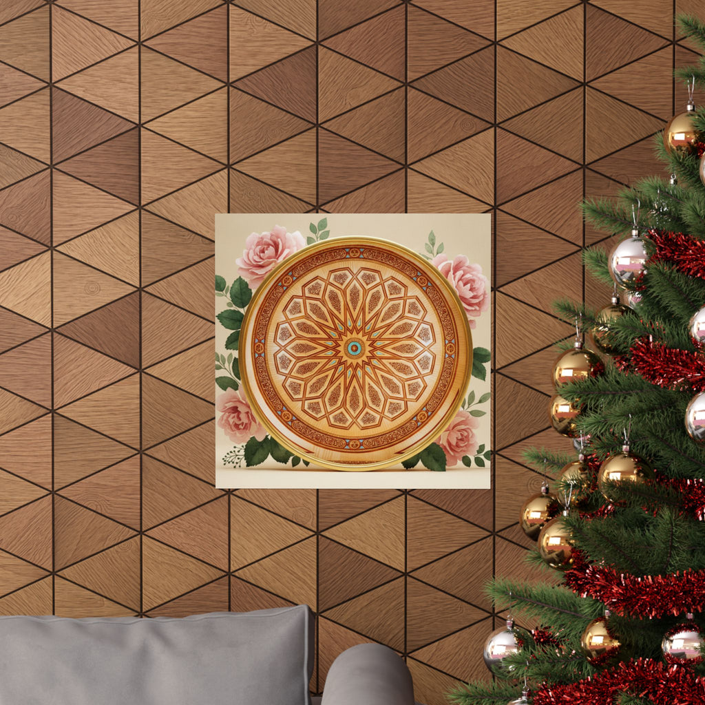 Gilded Moroccan Medallion and Pink Roses Art Poster