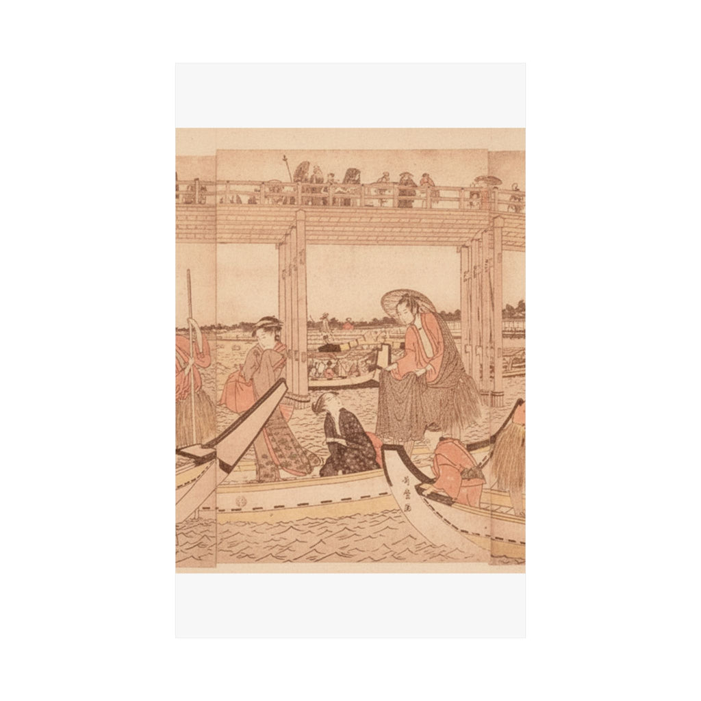 Southern Sunset — Fishing Boats With Nets Under Ryōgoku Bridge — Matte Poster
