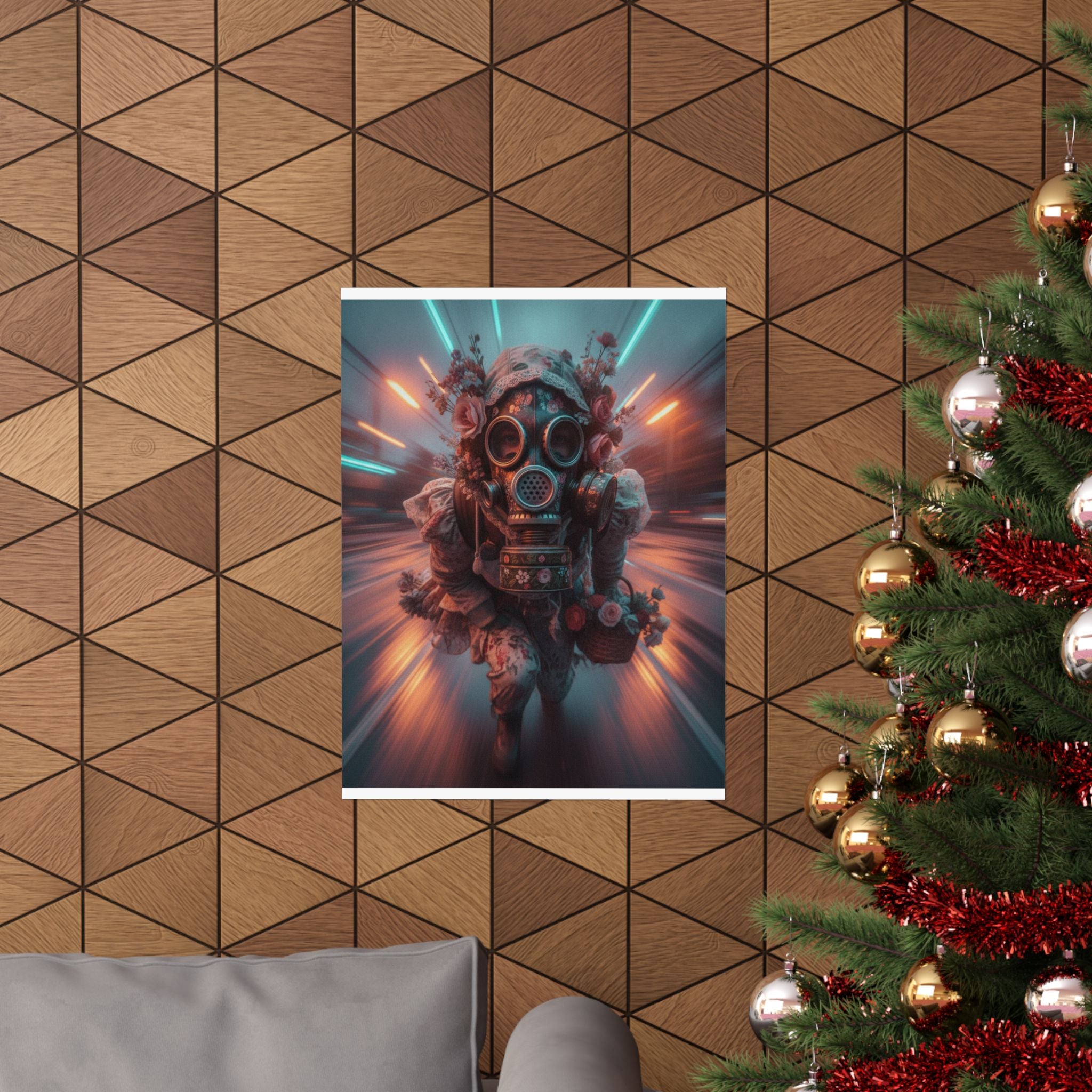 Neon Tunnel Rose Gas Mask Post-Apocalyptic Poster