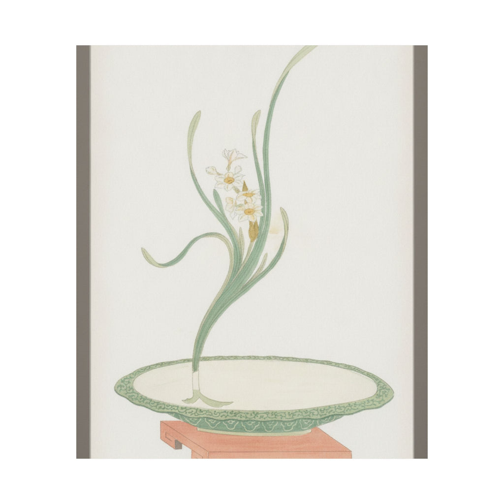 Watercolor — Flower Arrangement Of Suisen (Narcissus) In A Flat Green Dish — Matte Poster