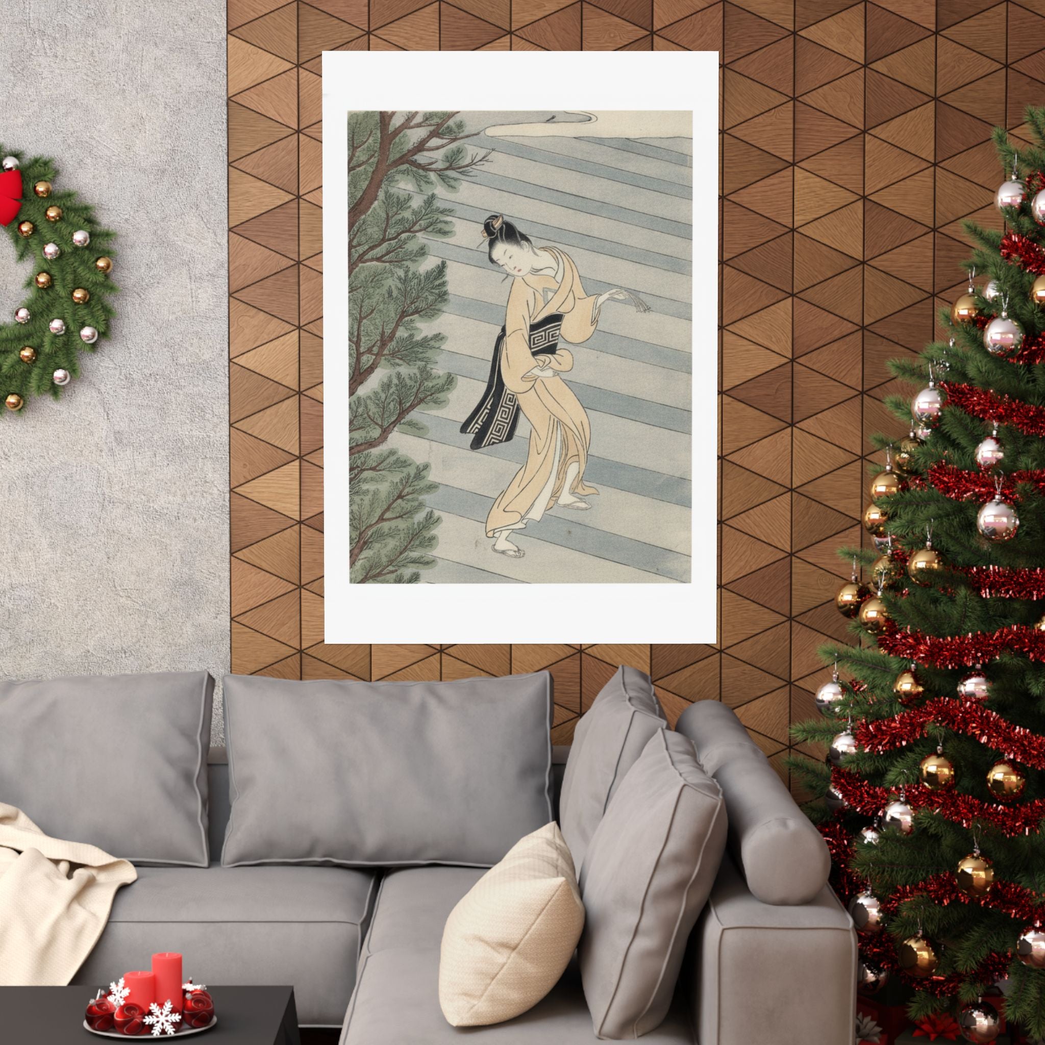 Watercolor — Young Woman Climbing Stone Stairs To A Shinto Temple — Matte Poster