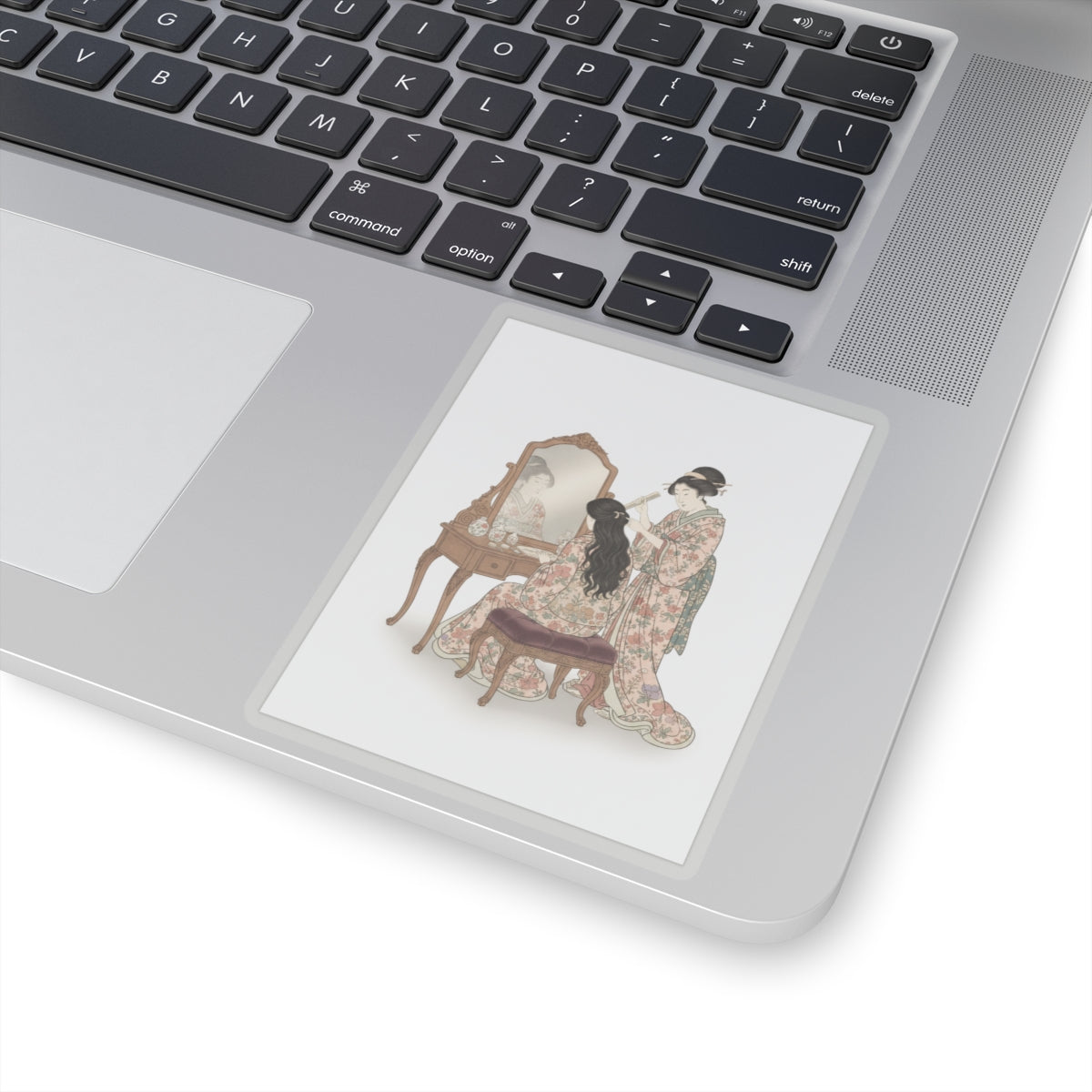 Ecommerce Main — A Woman At Her Toilet Seated Before A Mirror, Having Her Hair Combed By A Kameyu — Kiss-Cut Sticker
