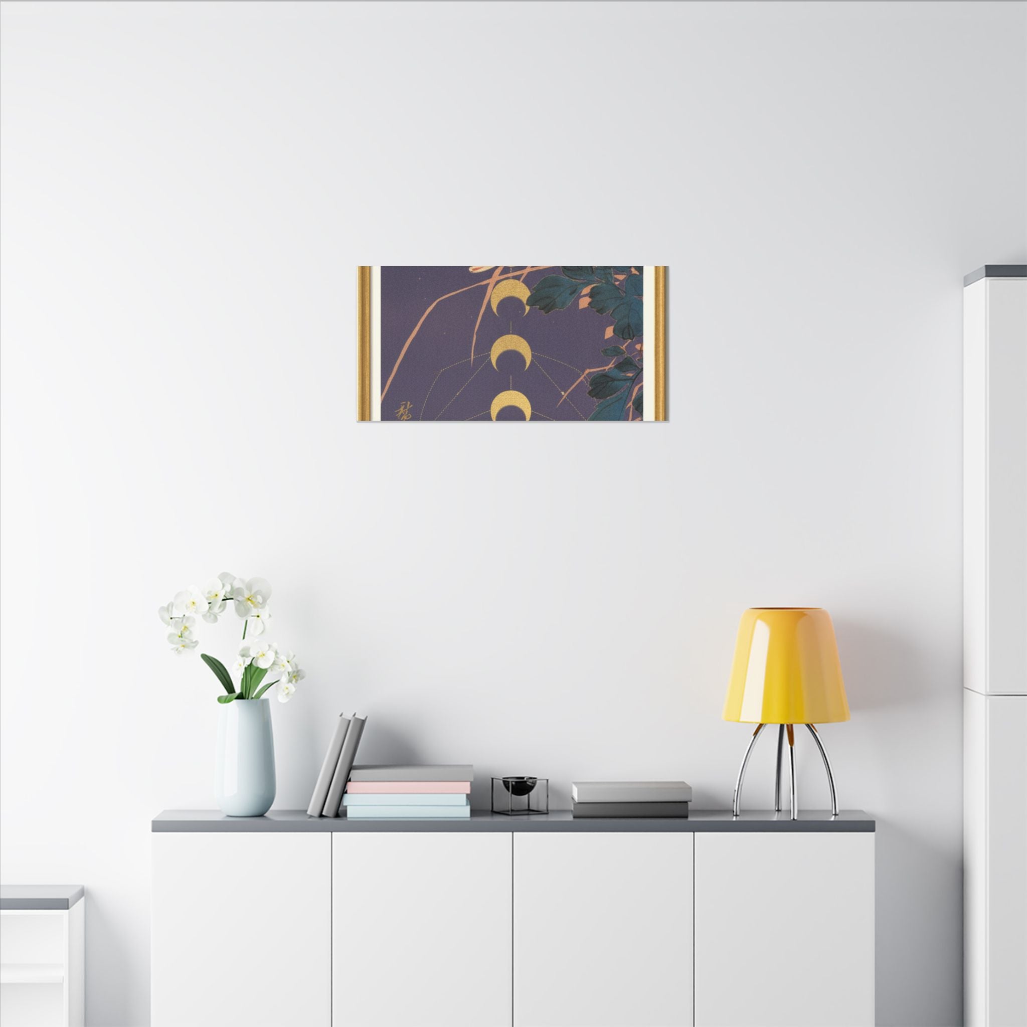 Chrysanthemum and Gold Moon Phases Woodblock Matte Canvas