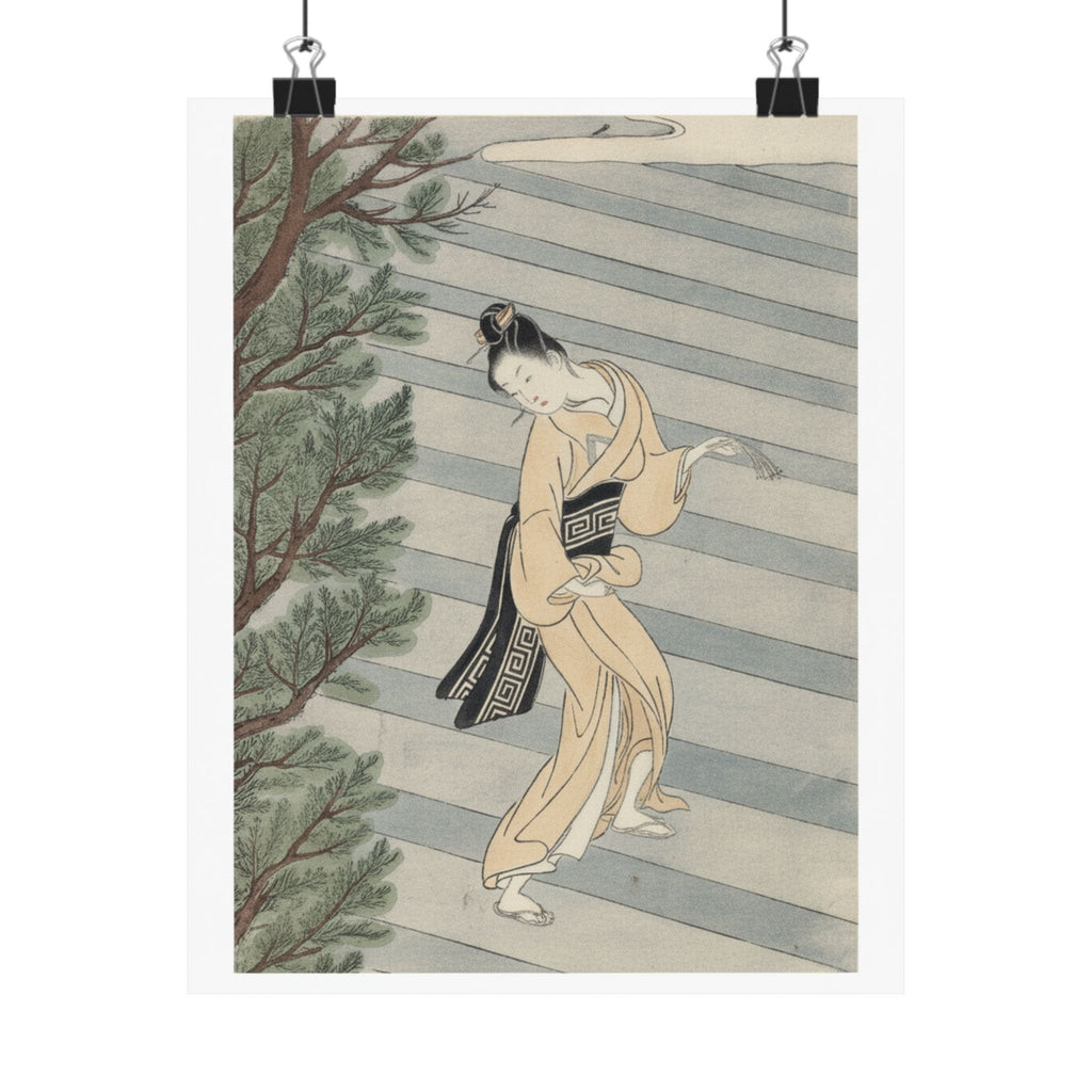 Watercolor — Young Woman Climbing Stone Stairs To A Shinto Temple — Matte Poster