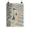 Watercolor — Young Woman Climbing Stone Stairs To A Shinto Temple — Matte Poster