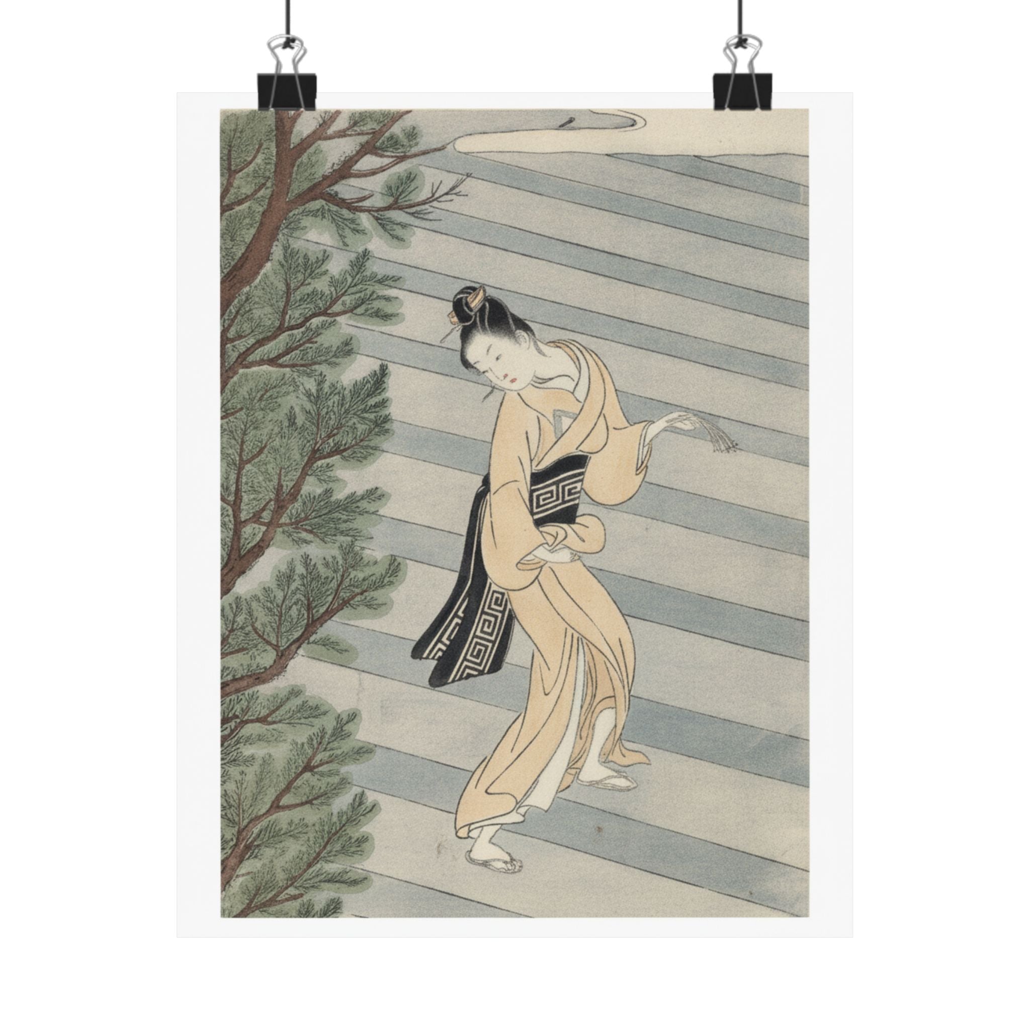 Watercolor — Young Woman Climbing Stone Stairs To A Shinto Temple — Matte Poster