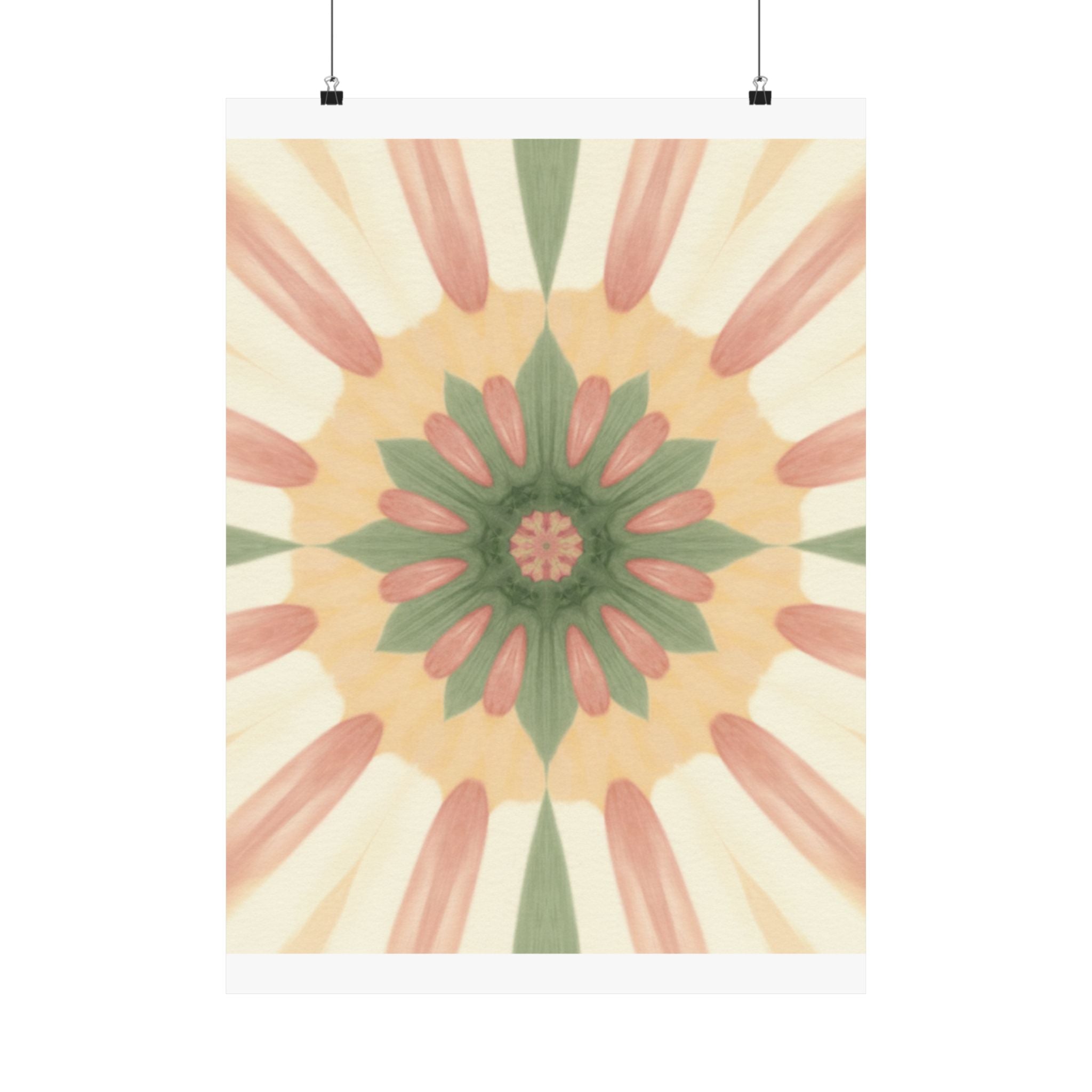 Peach and Sage Floral Kaleidoscope Mandala Poster