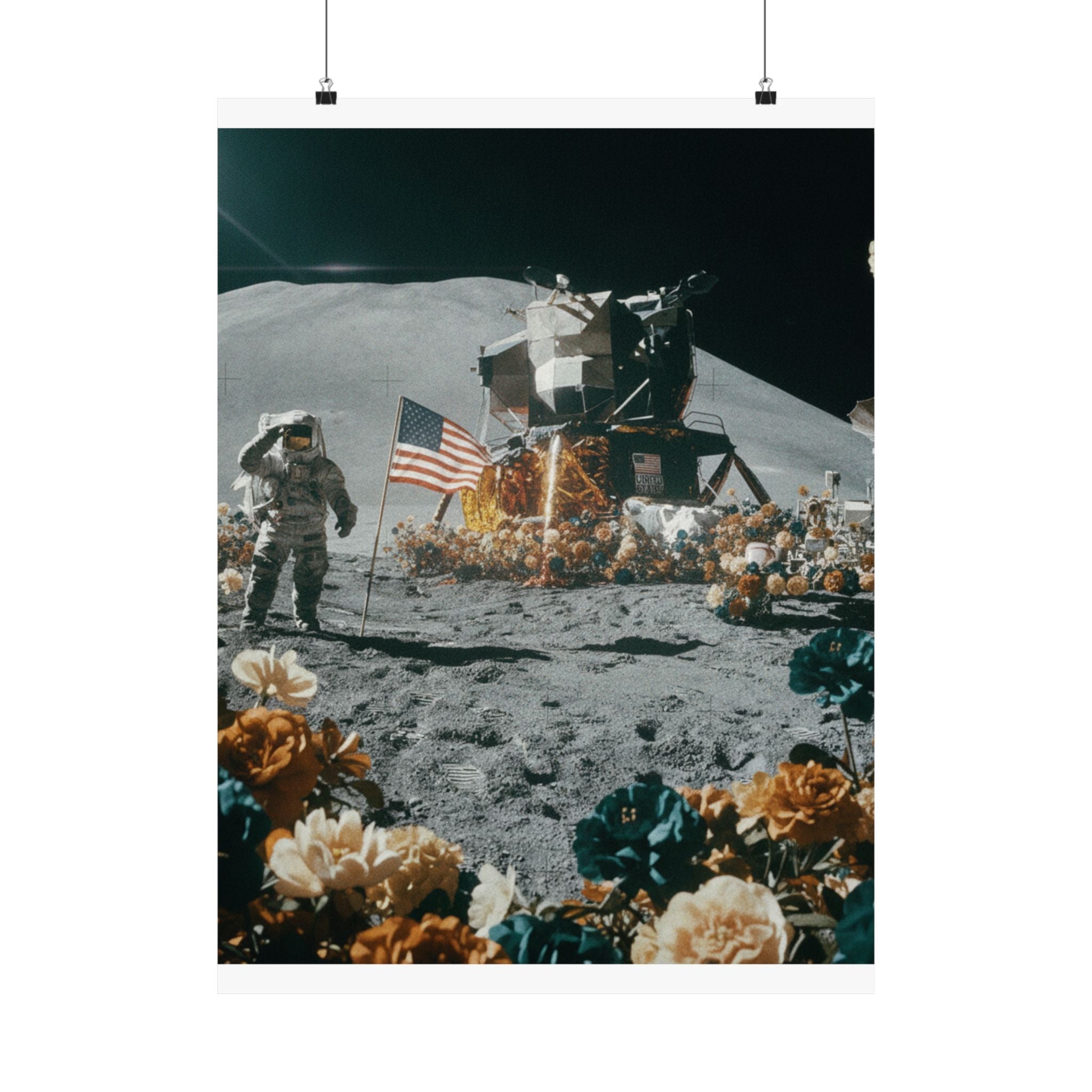 Astronaut Moon Landing in Bloom Surreal Space Poster