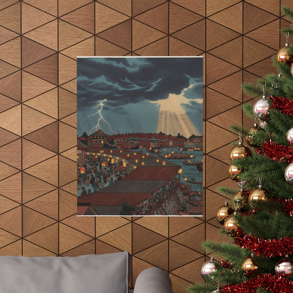 Dramatic Storm — Landscape; Showing Water Festival With Lanterns — Matte Poster