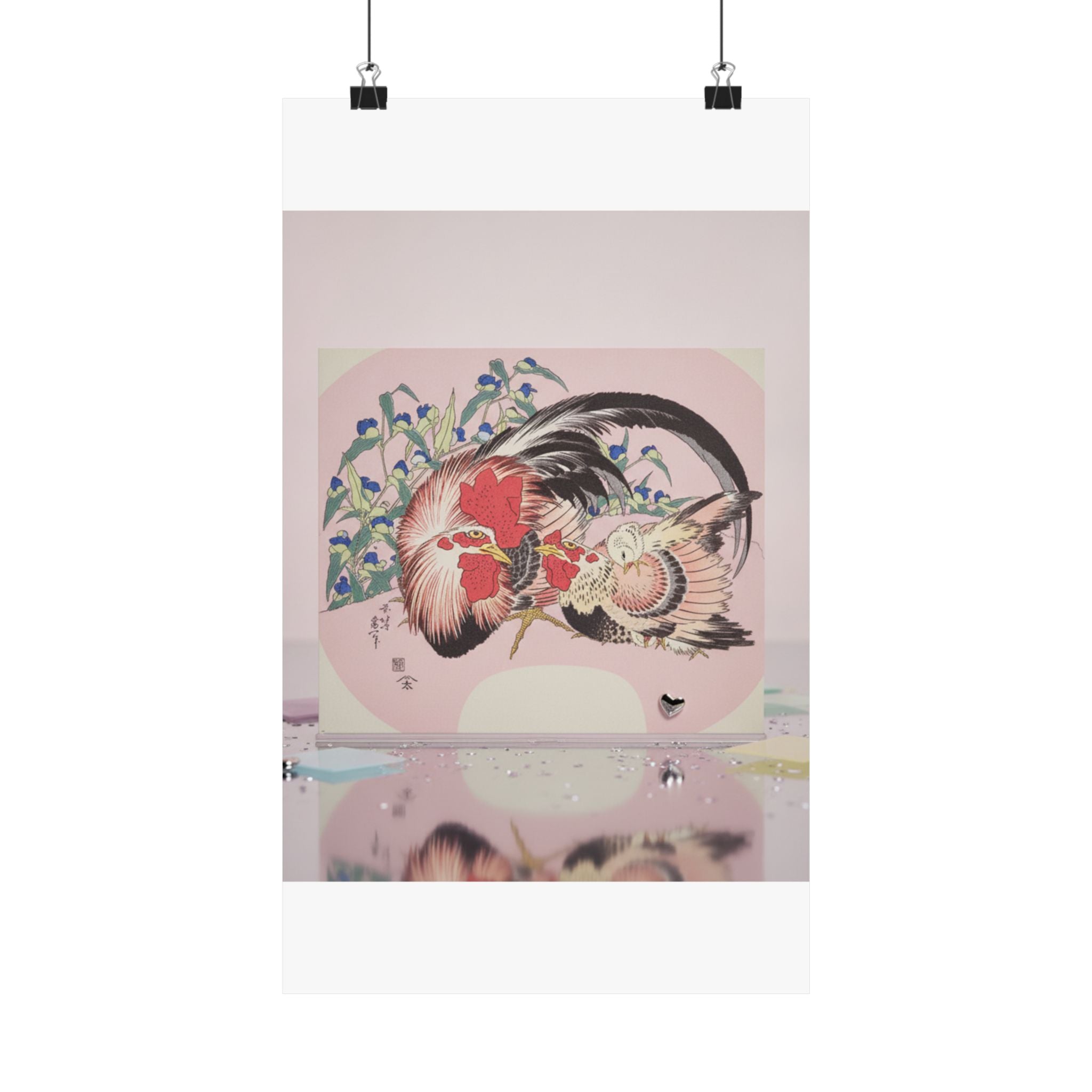 Product Marketing — Rooster, Hen And Chicken With Spiderwort — Matte Poster