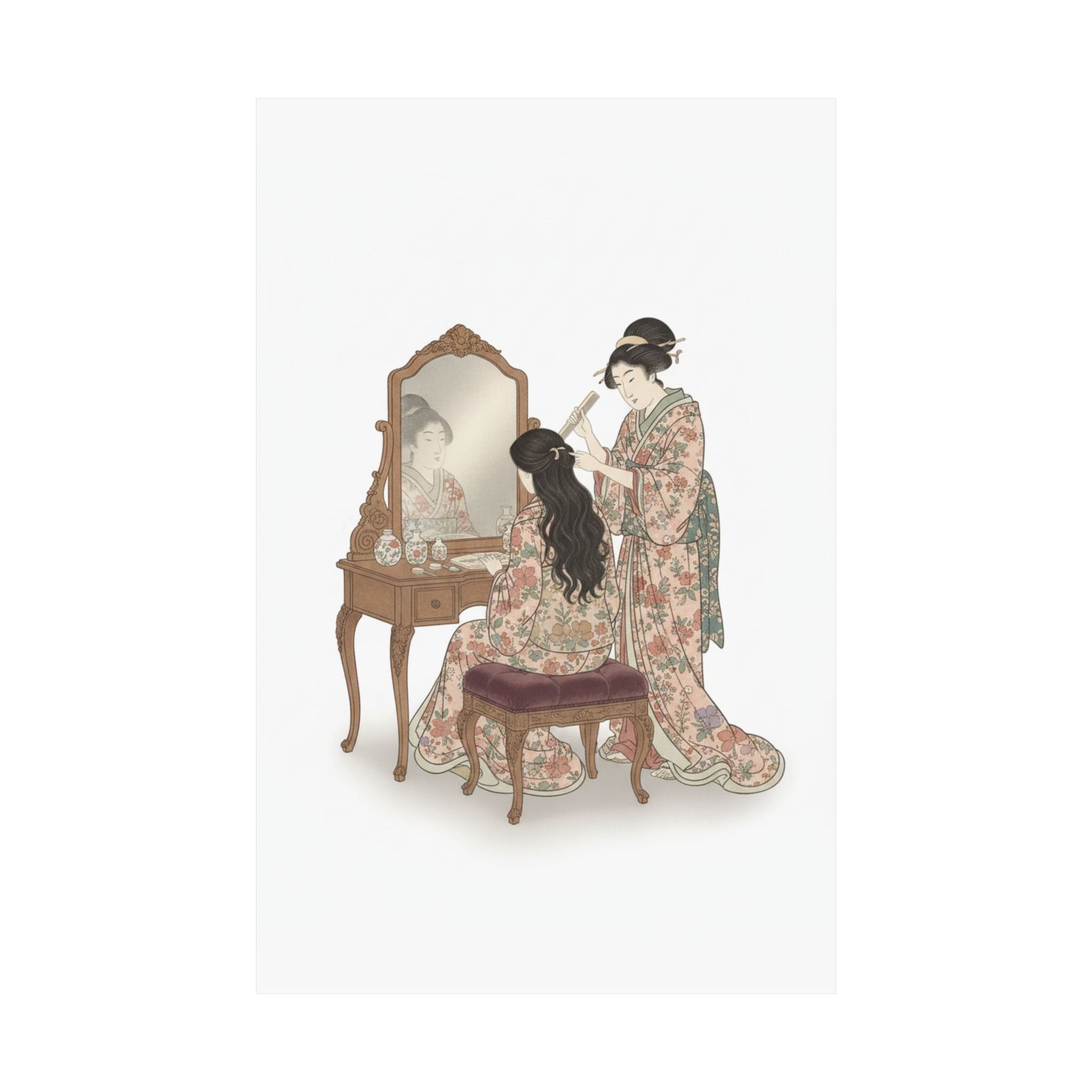 Ecommerce Main — A Woman At Her Toilet Seated Before A Mirror, Having Her Hair Combed By A Kameyu — Matte Poster