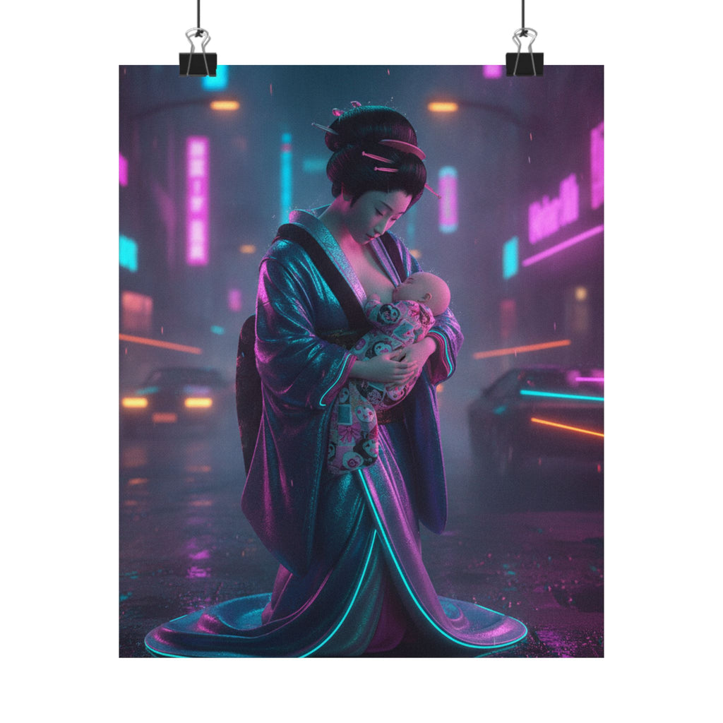 Neon Noir — Young Mother Nursing Her Baby — Matte Poster