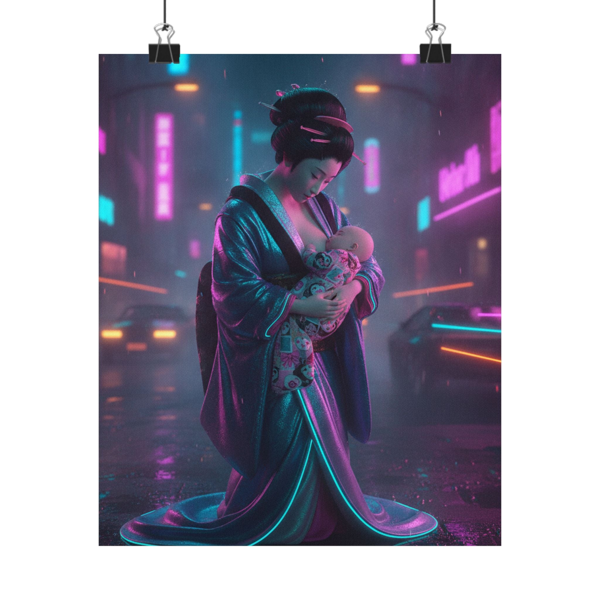 Neon Noir — Young Mother Nursing Her Baby — Matte Poster