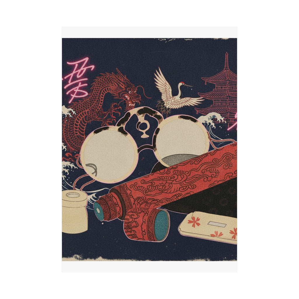 Japanese Street — Spectacles And Telescope With Cases — Matte Poster