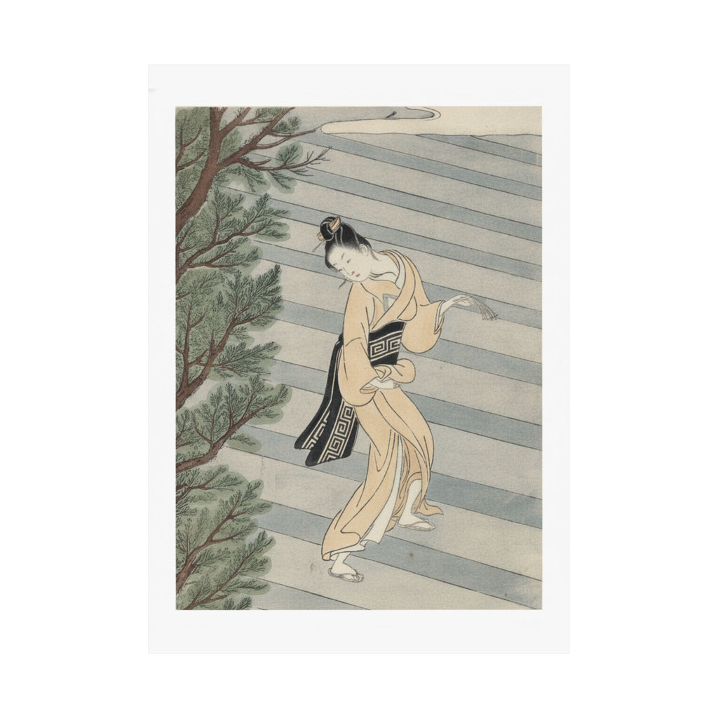 Watercolor — Young Woman Climbing Stone Stairs To A Shinto Temple — Matte Poster