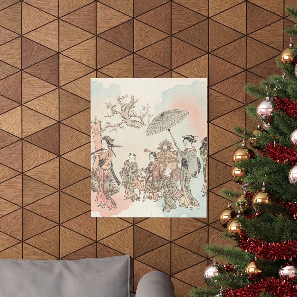 Watercolor — Children Play-Acting A Daimyo Procession — Matte Poster