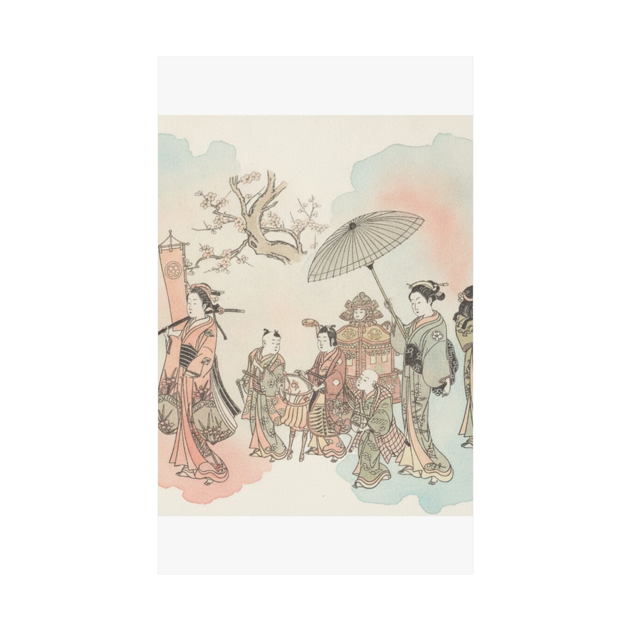 Watercolor — Children Play-Acting A Daimyo Procession — Matte Poster