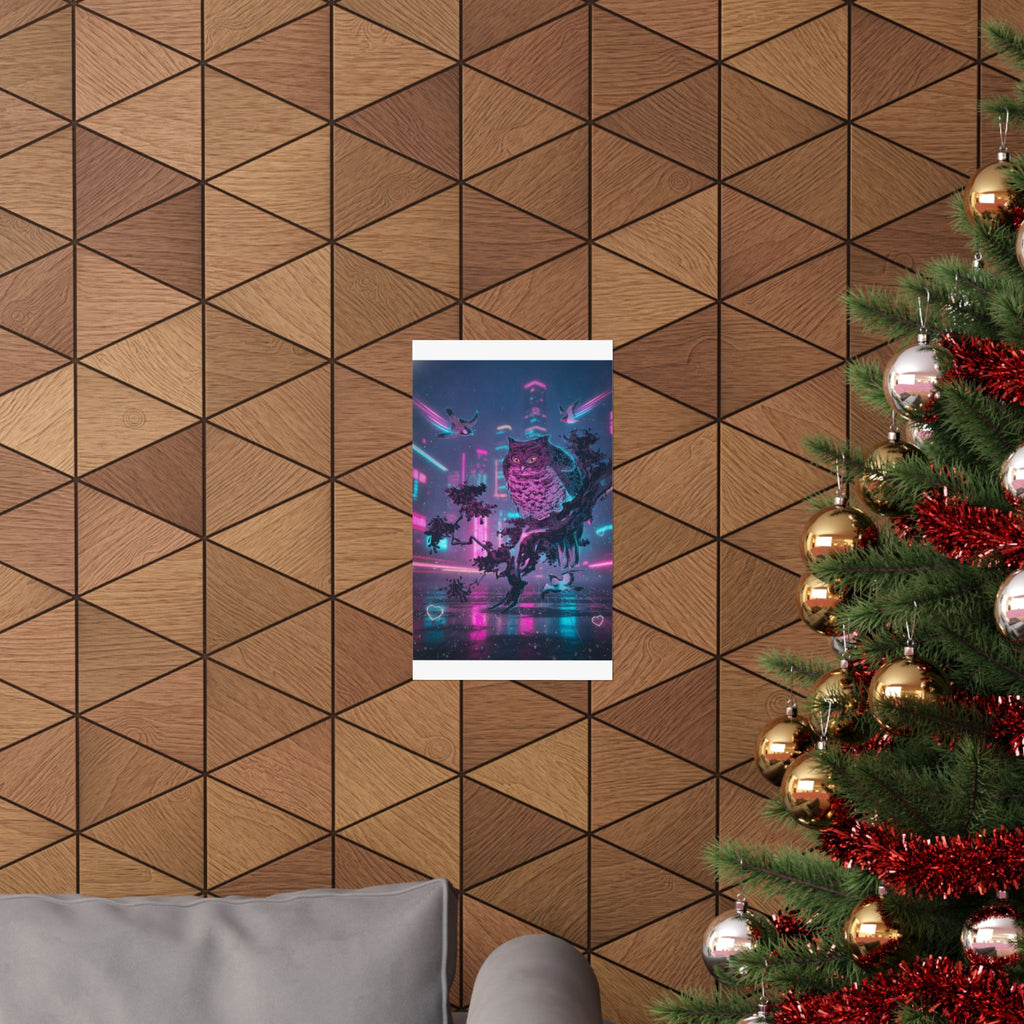 Neon Noir — Owl And Two Swallows — Matte Poster