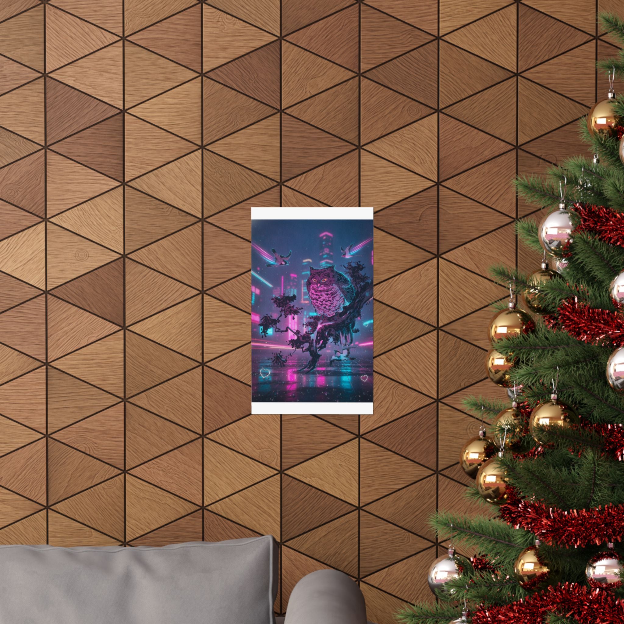 Neon Noir — Owl And Two Swallows — Matte Poster