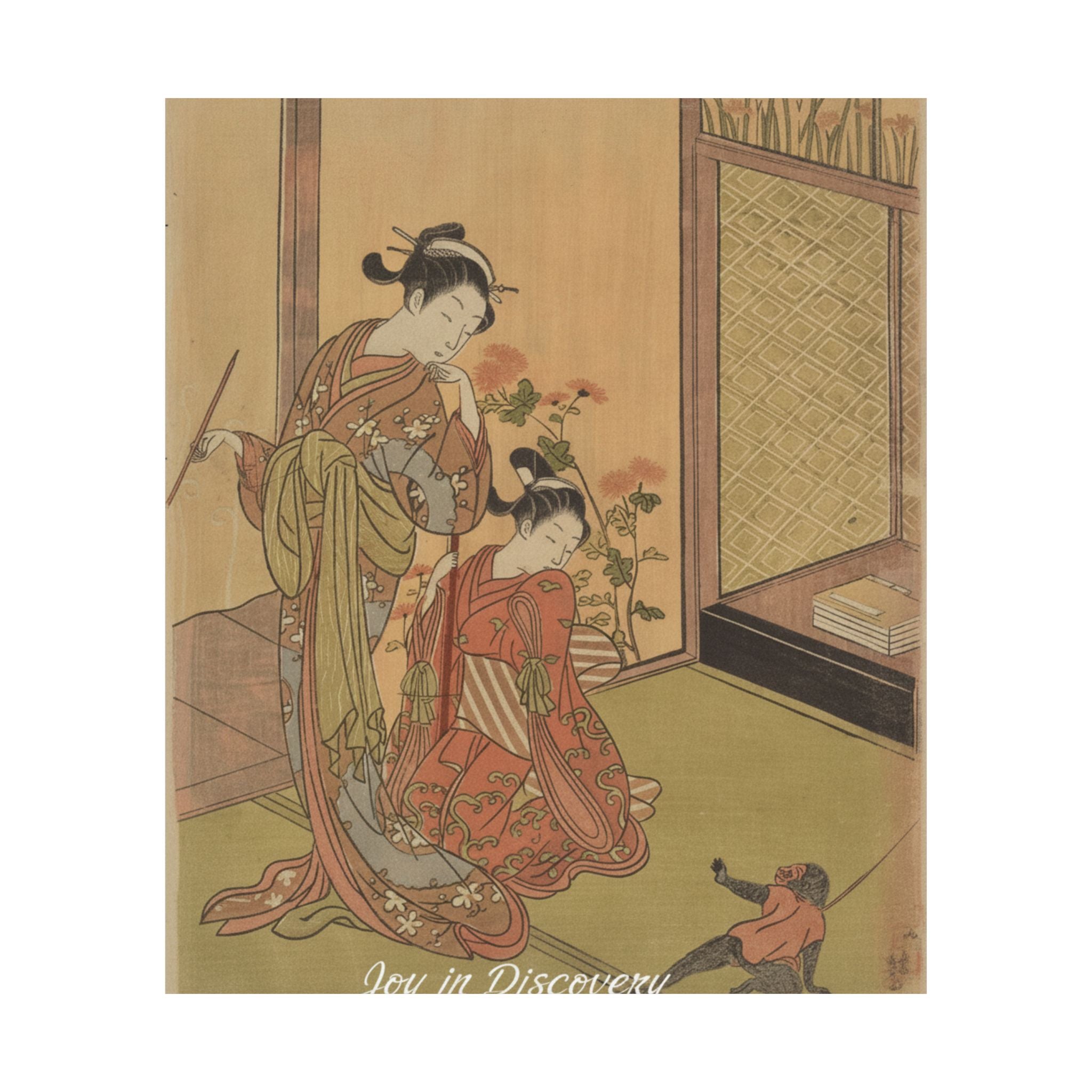 Affirmation — Two Girls Looking At A Monkey On A Leash — Matte Poster
