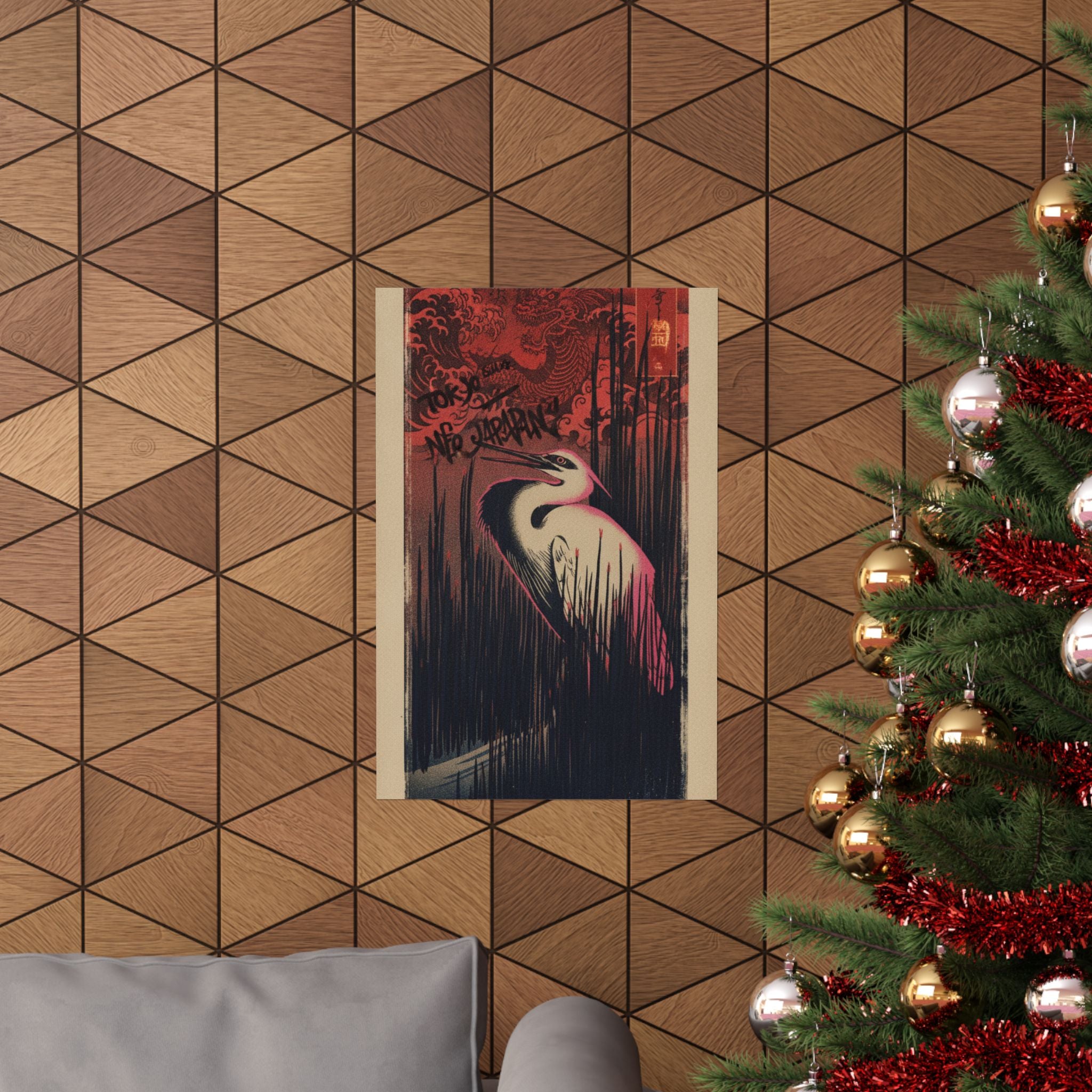 Japanese Street — White Heron Standing Among Reeds — Matte Poster