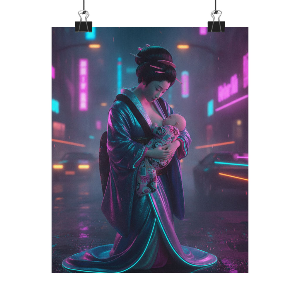 Neon Noir — Young Mother Nursing Her Baby — Matte Poster