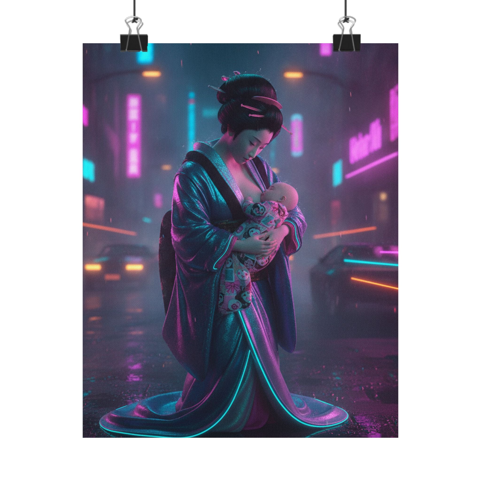 Neon Noir — Young Mother Nursing Her Baby — Matte Poster