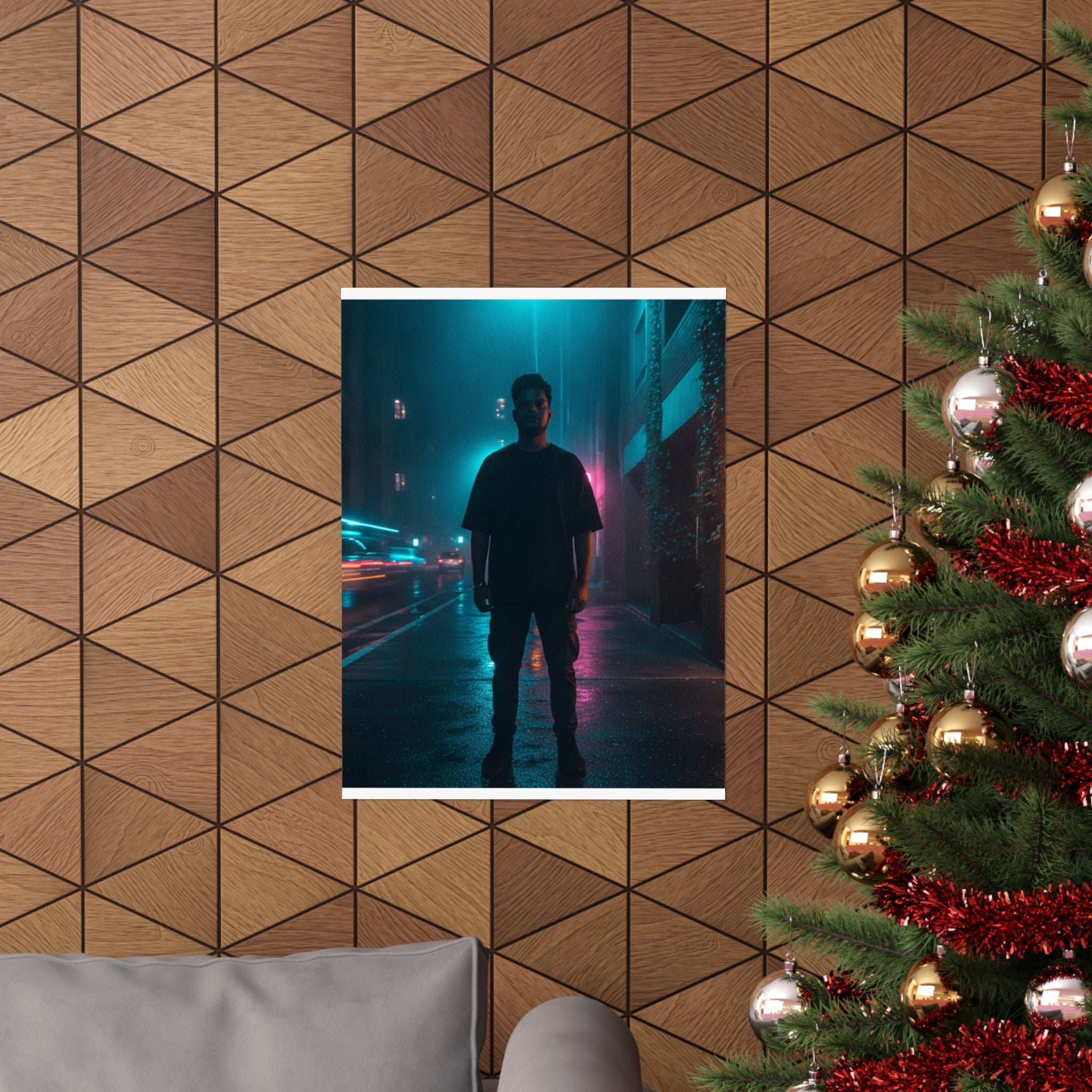 Rainy Neon City Street Silhouette Teal Pink Matte Poster