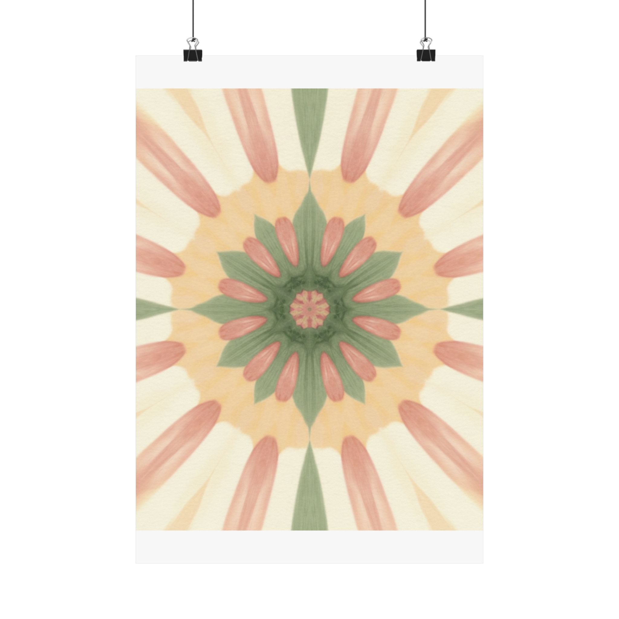 Peach and Sage Floral Kaleidoscope Mandala Poster