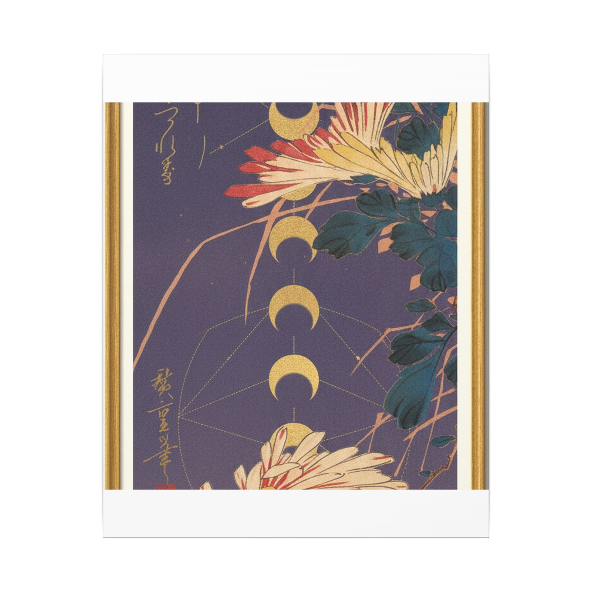 Chrysanthemum and Gold Moon Phases Woodblock Matte Canvas
