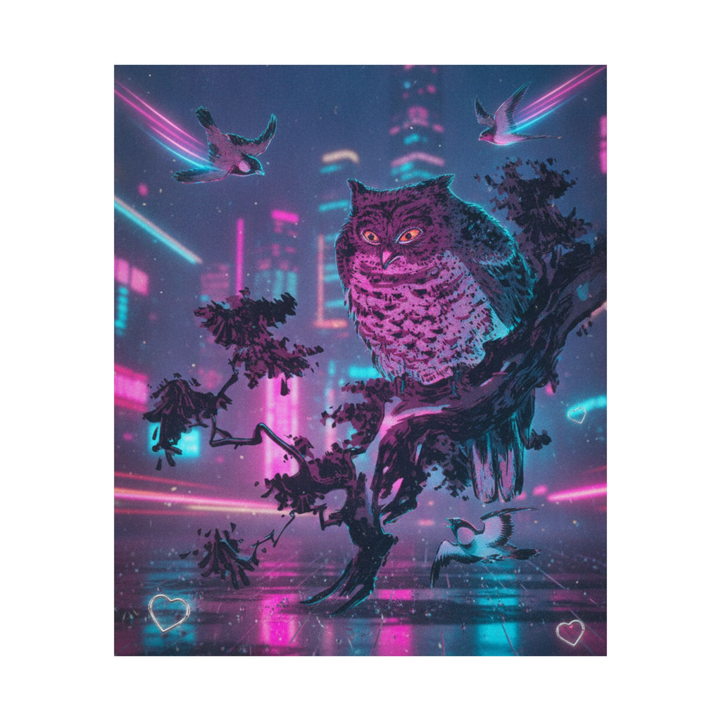 Neon Noir — Owl And Two Swallows — Matte Poster