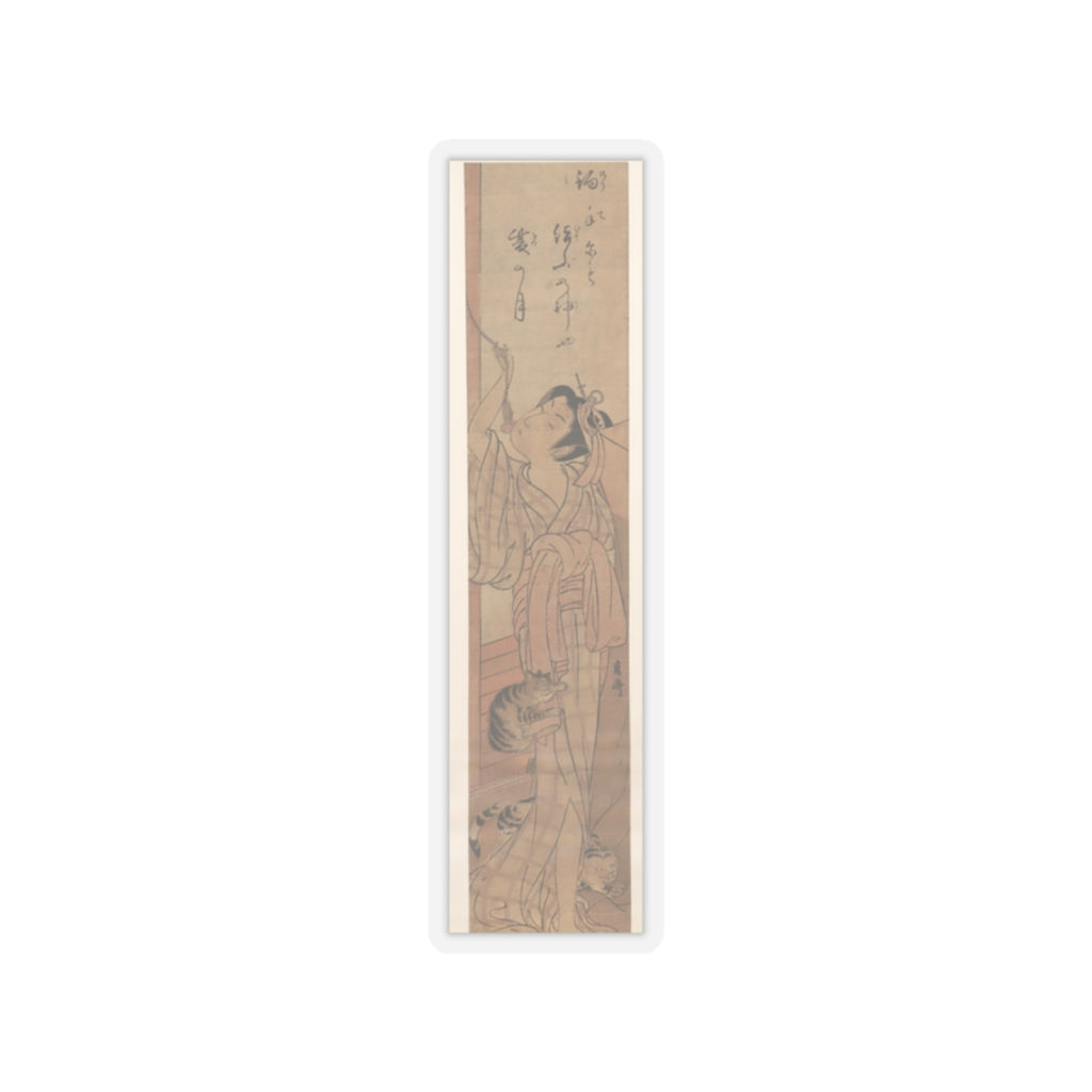 Ecommerce Main — Young Lady Toying With The Tassel Of Her Bed–Net While A Cat Plays At Her Feet — Kiss-Cut Sticker