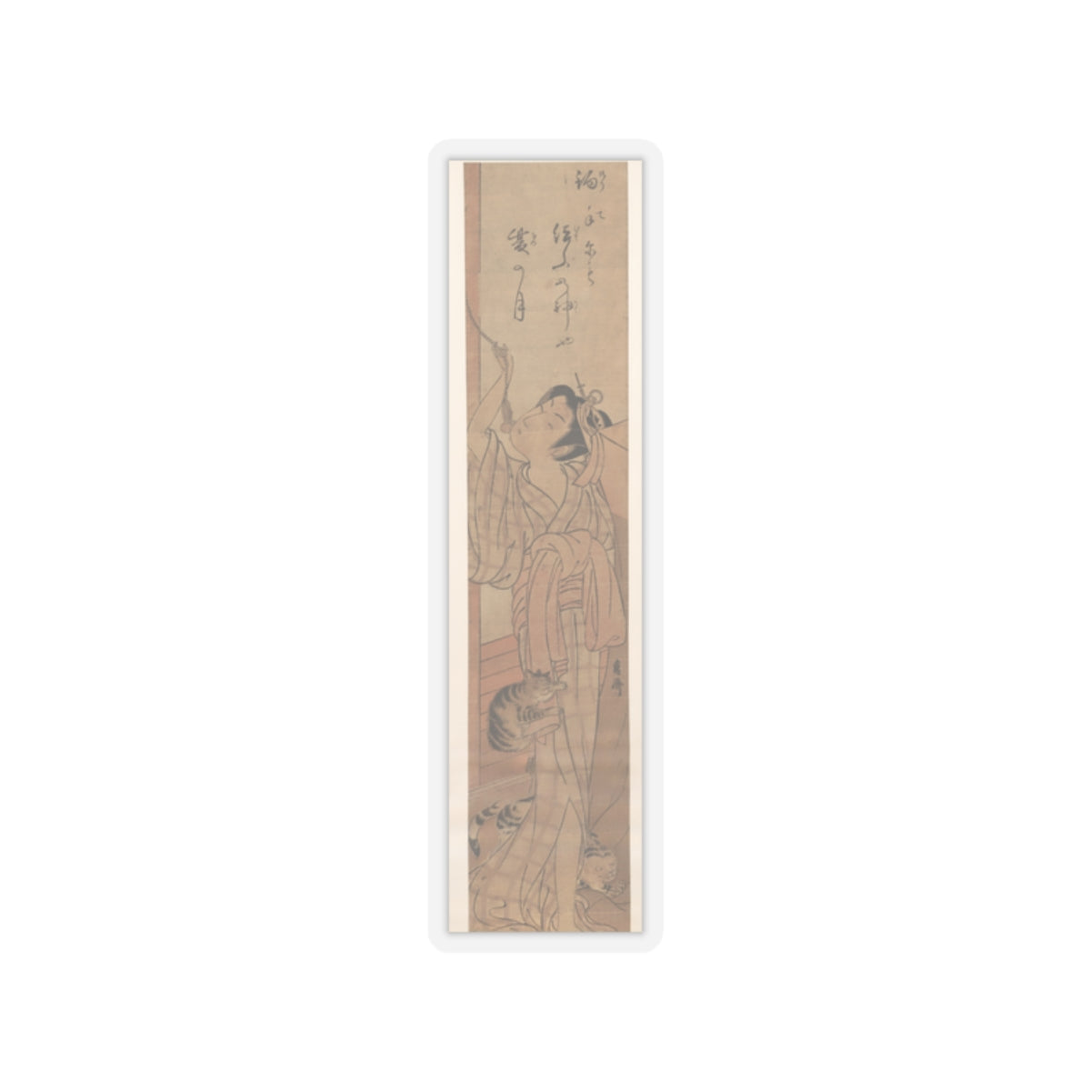 Ecommerce Main — Young Lady Toying With The Tassel Of Her Bed–Net While A Cat Plays At Her Feet — Kiss-Cut Sticker