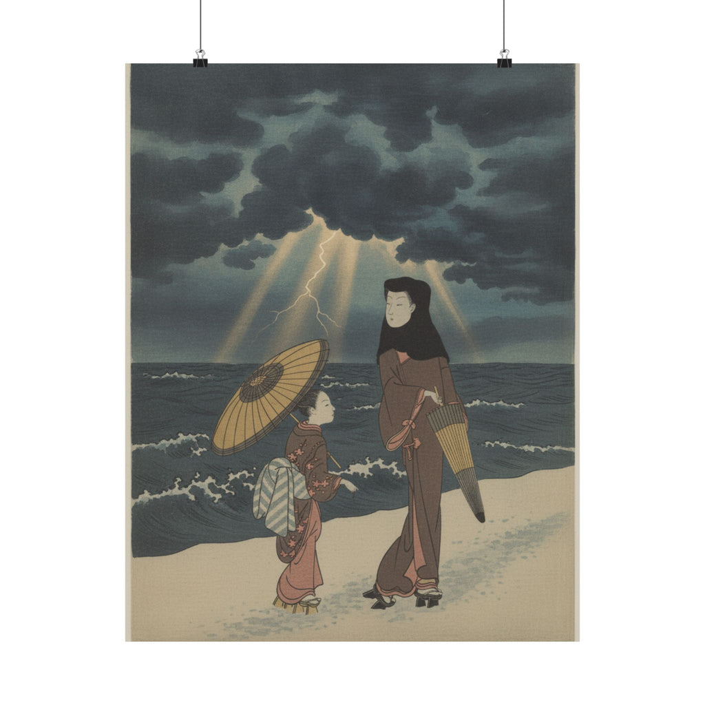 Dramatic Storm — Lady With Black Hood And Umbrella Out Walking With Young Attendant — Matte Poster