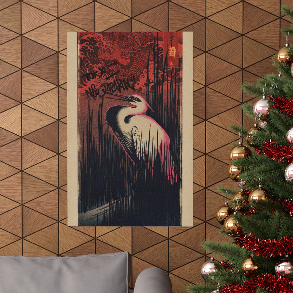 Japanese Street — White Heron Standing Among Reeds — Matte Poster