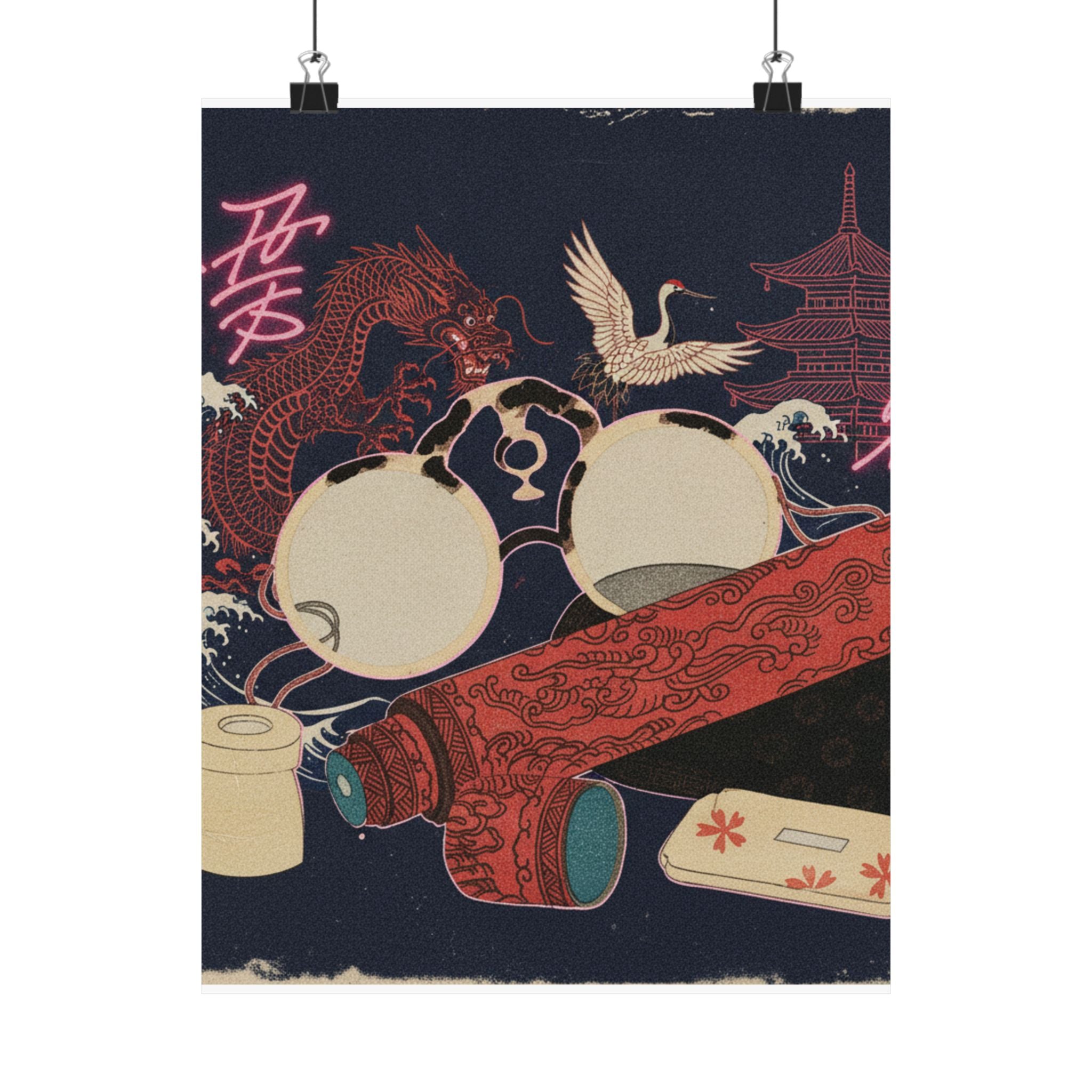 Japanese Street — Spectacles And Telescope With Cases — Matte Poster