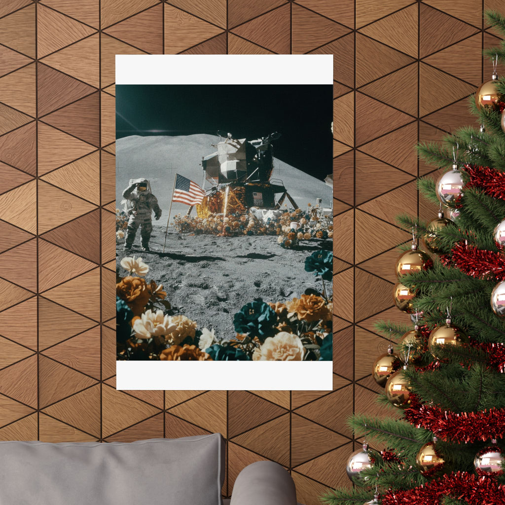 Astronaut Moon Landing in Bloom Surreal Space Poster
