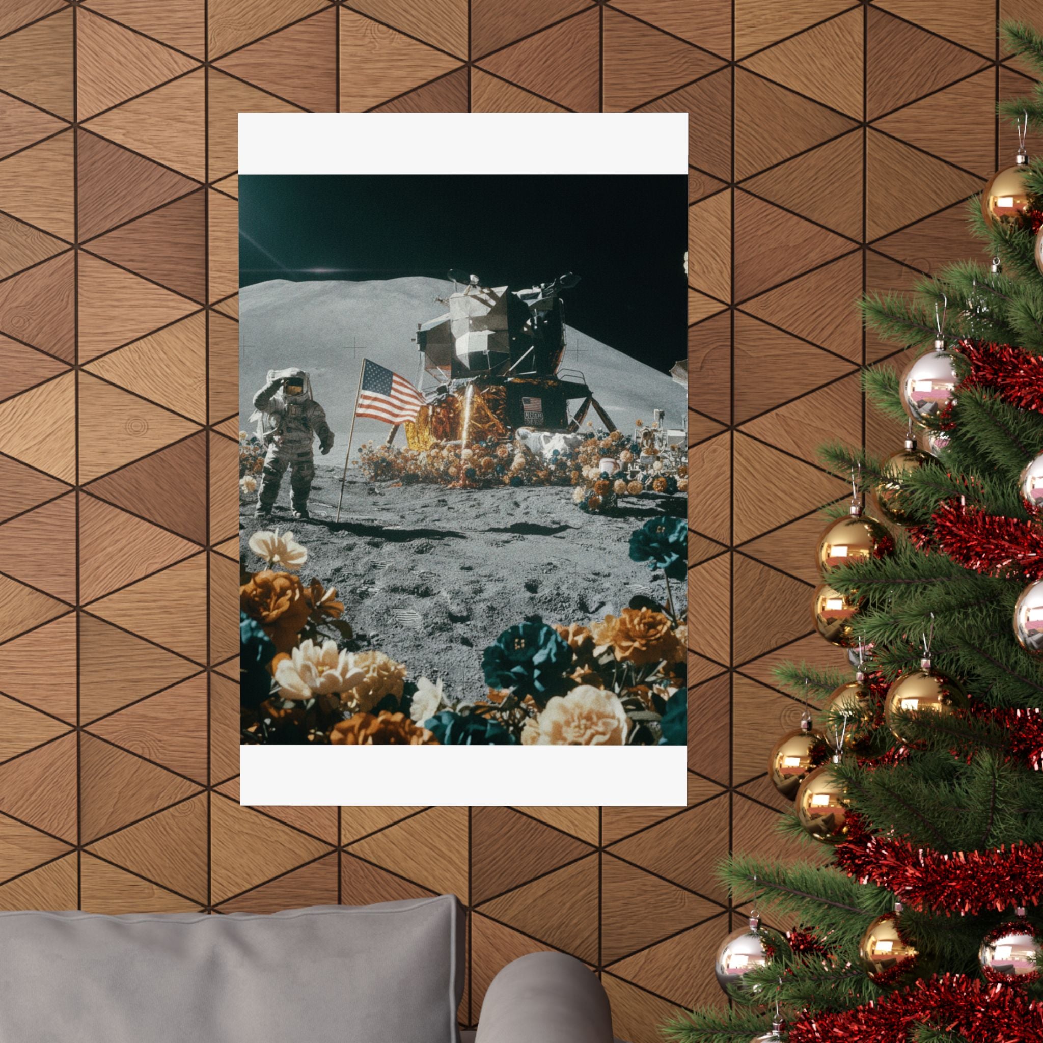 Astronaut Moon Landing in Bloom Surreal Space Poster