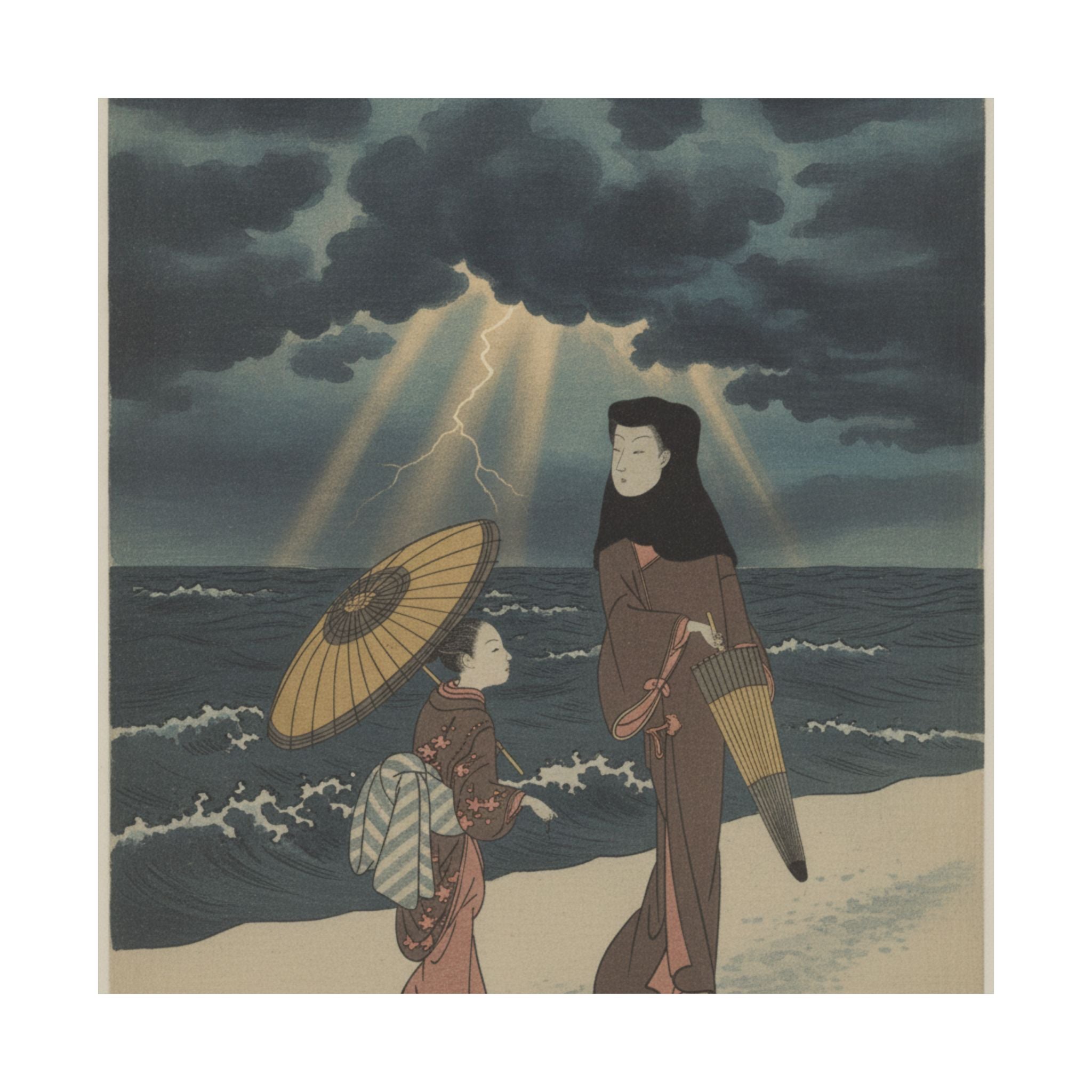 Dramatic Storm — Lady With Black Hood And Umbrella Out Walking With Young Attendant — Matte Poster