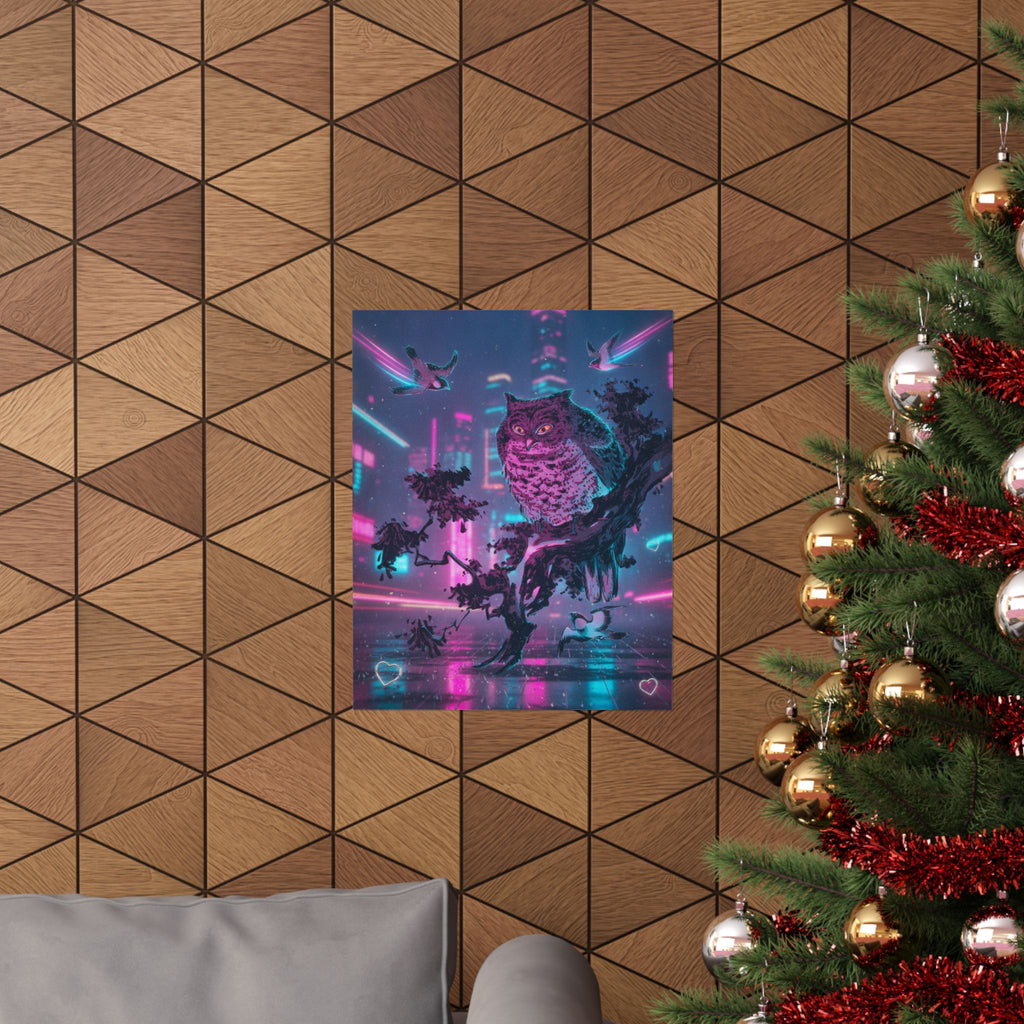 Neon Noir — Owl And Two Swallows — Matte Poster