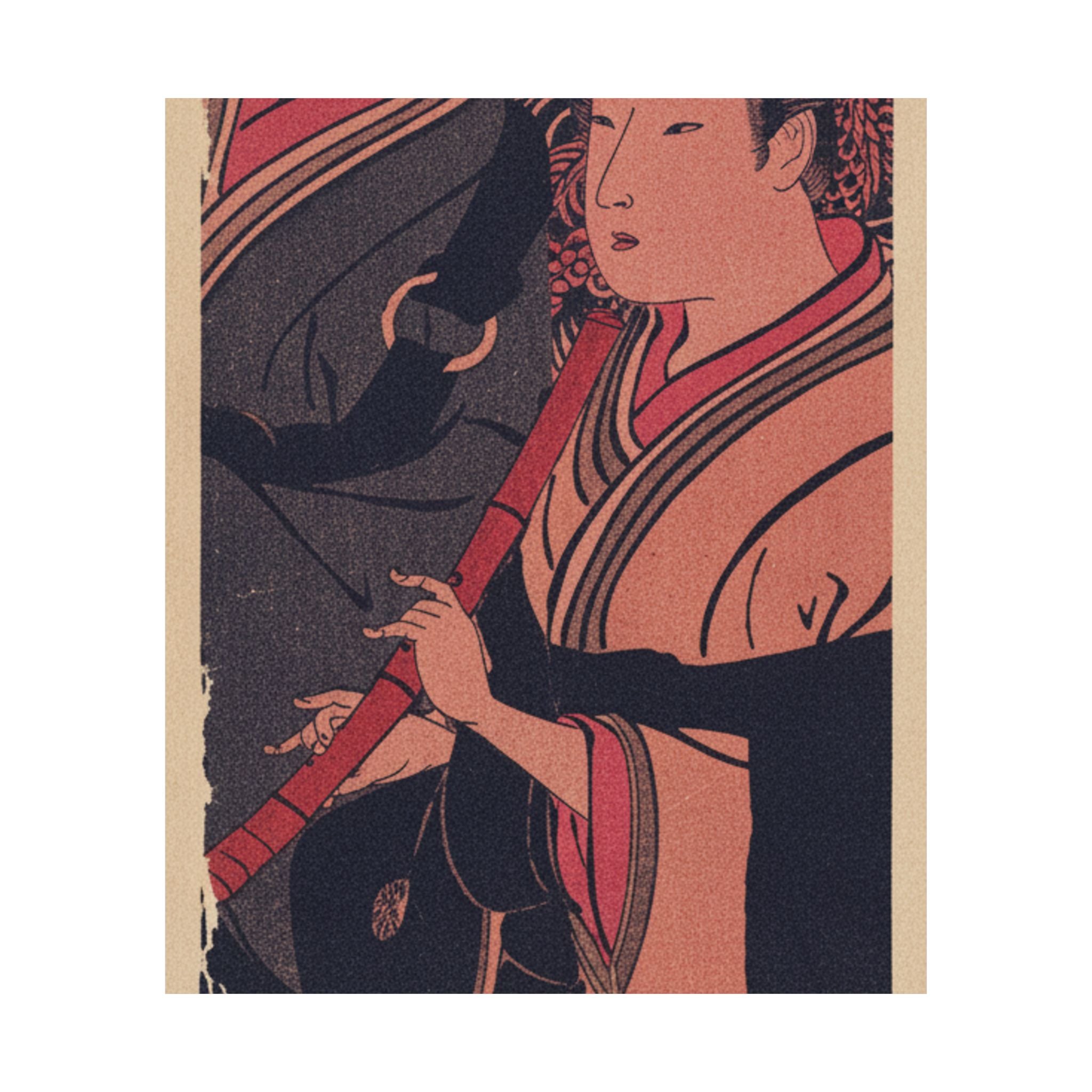 Japanese Street — Two Men, One Playing A Flute — Matte Poster