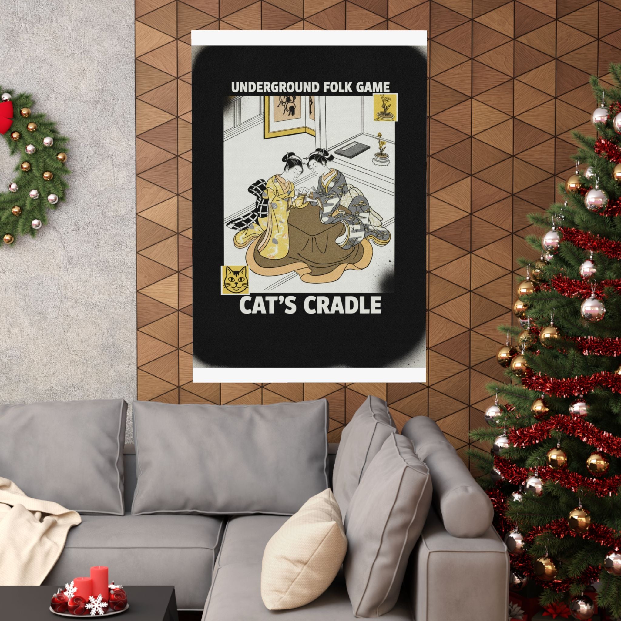 Streetwear Collage — Two Young Women Seated By A Kotatsu Playing Cat'S Cradle — Matte Poster