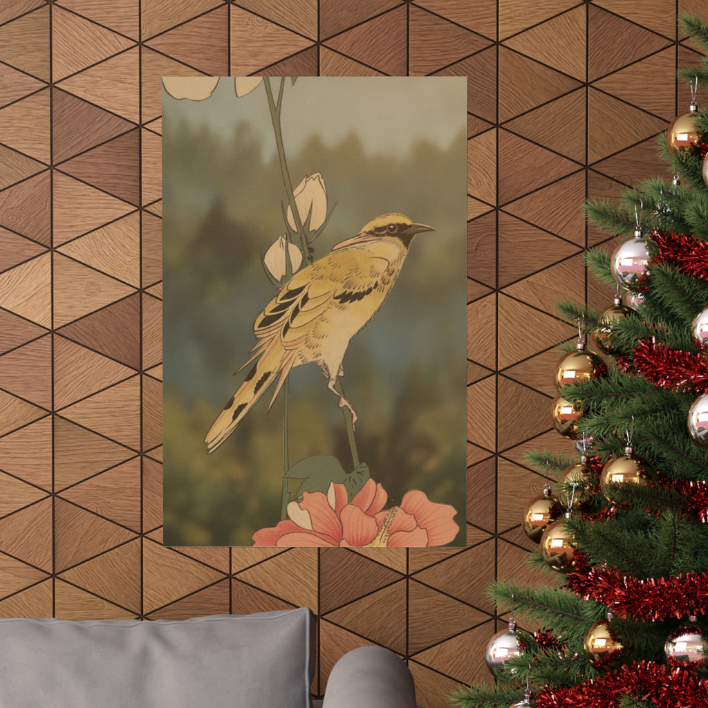 Scenic Nature — Black-Naped Oriole Perched On A Stem Of Rose Mallow — Matte Poster