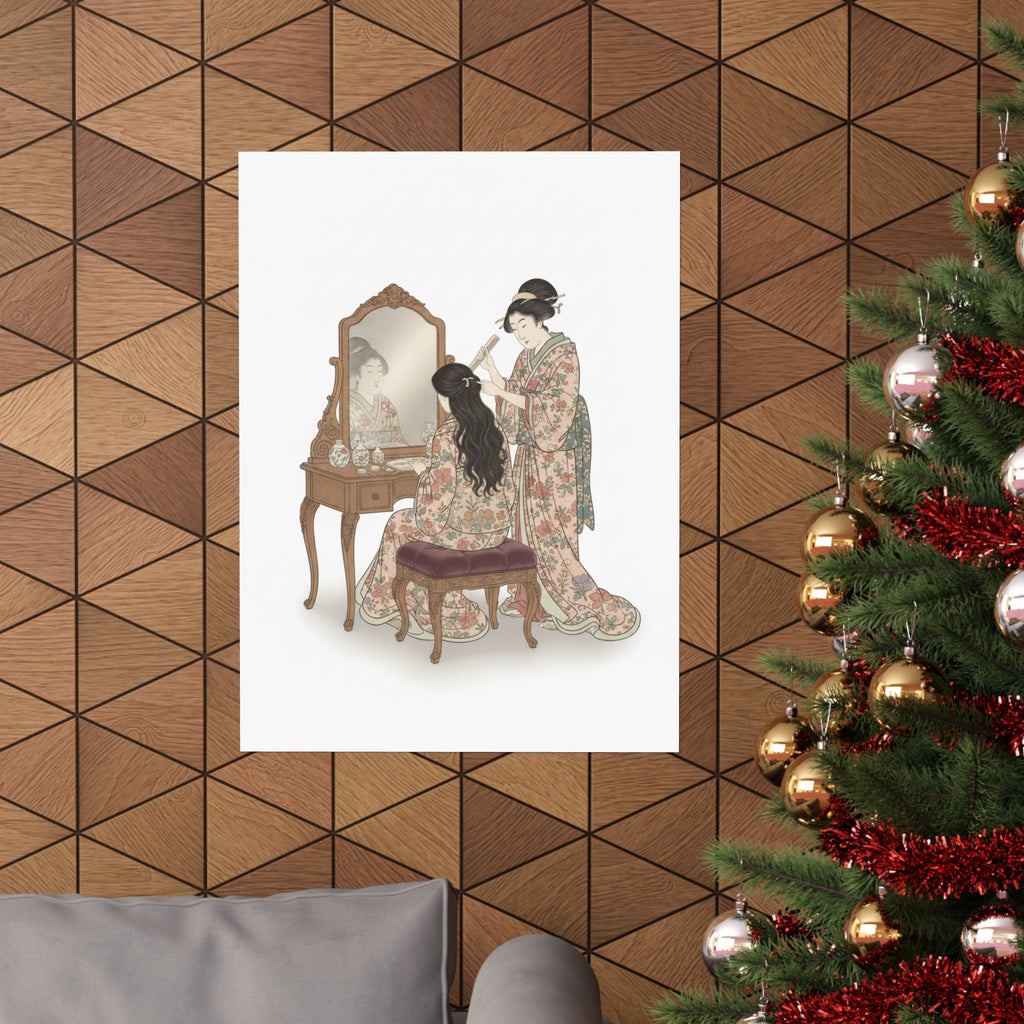 Ecommerce Main — A Woman At Her Toilet Seated Before A Mirror, Having Her Hair Combed By A Kameyu — Matte Poster
